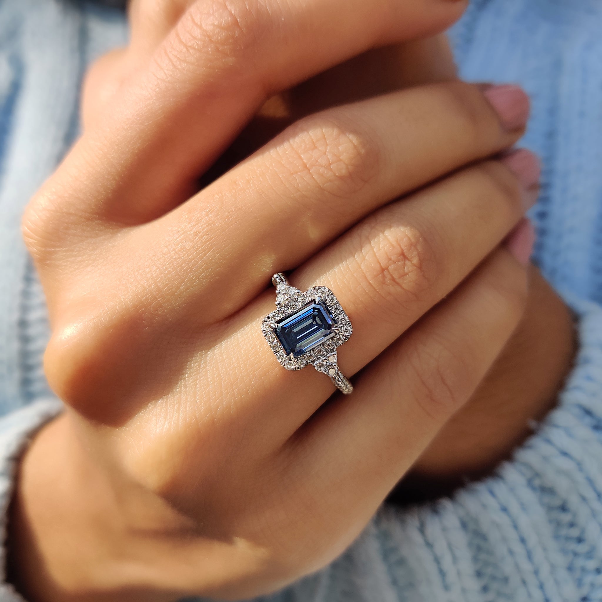 Blue Emerald Cut Engagement Ring In Muse Style