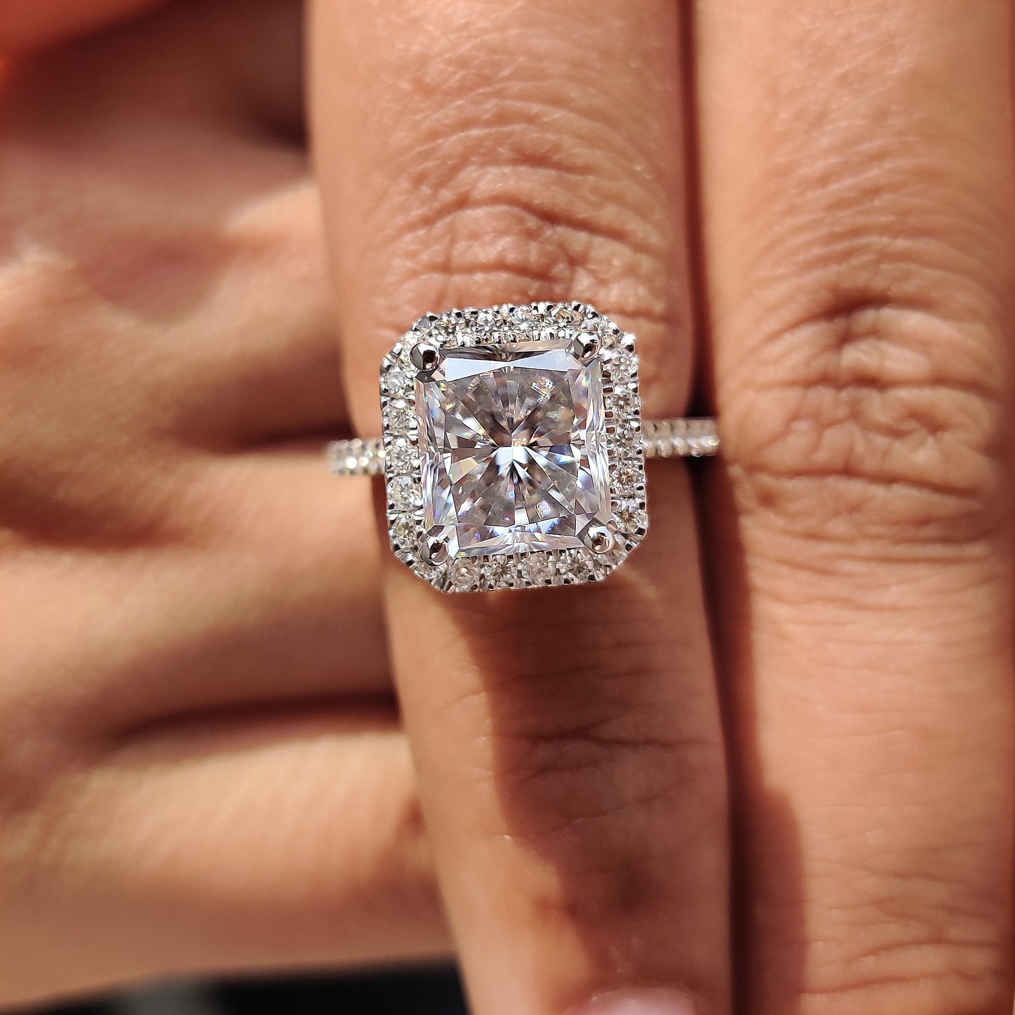 Radiant Halo Engagement Ring With Pave Band