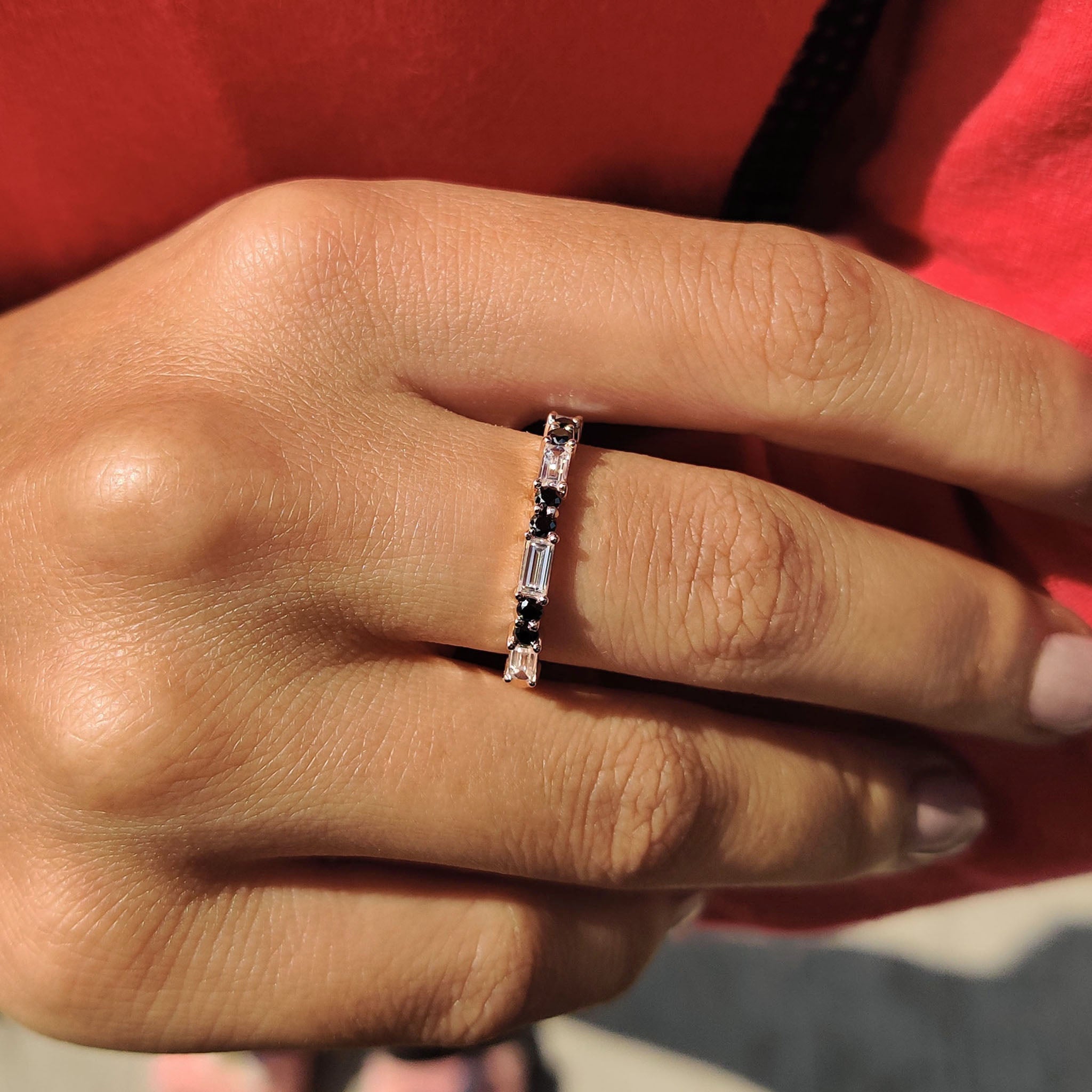 Baguette And Round Wedding Band With Black Moissanite