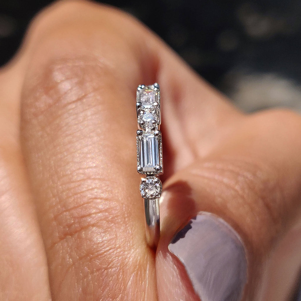 Baguette And Round Cut Wedding Ring Featuring Milgrain Setting