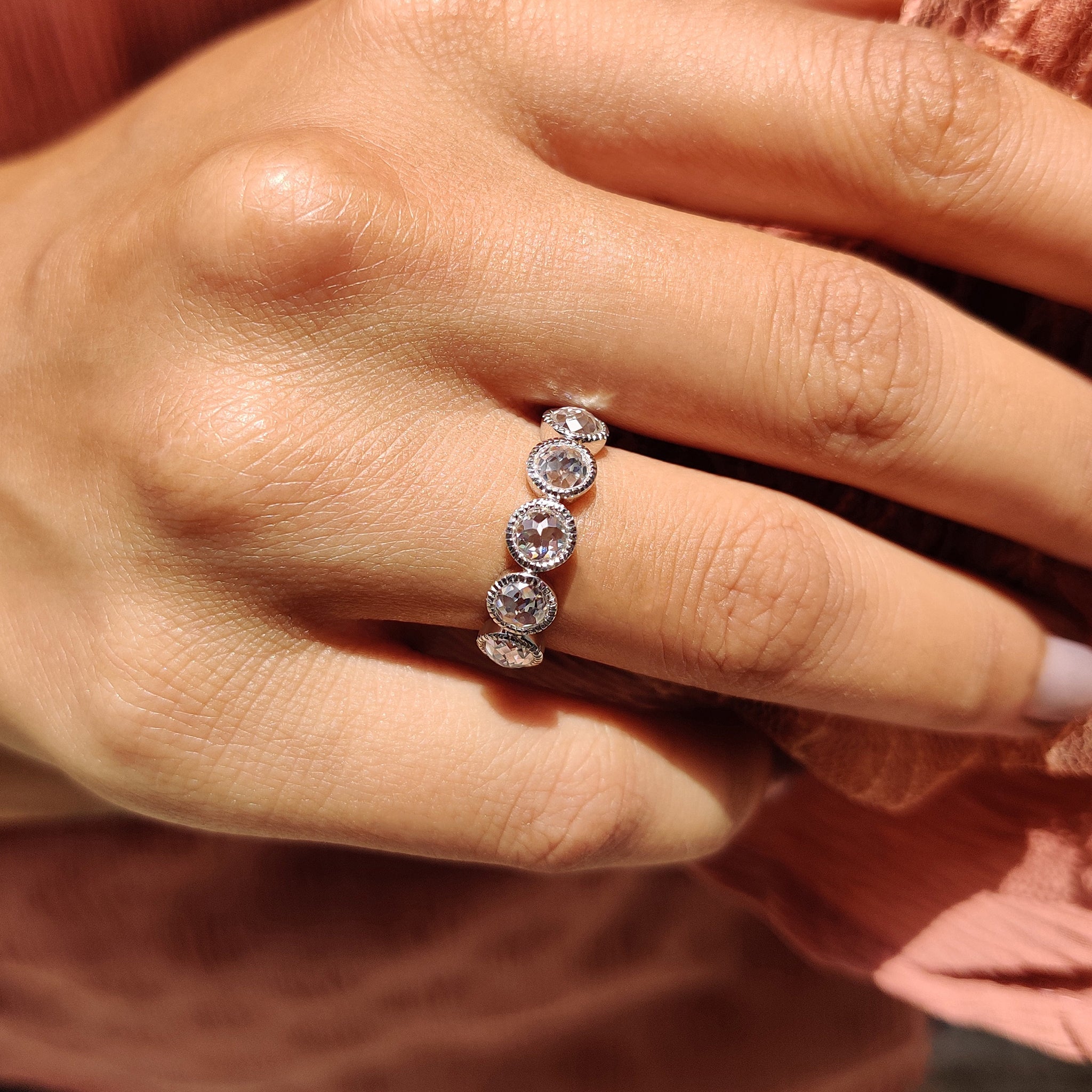 Round Rose Cut 5 Stone Wedding Band With Milgrain Set