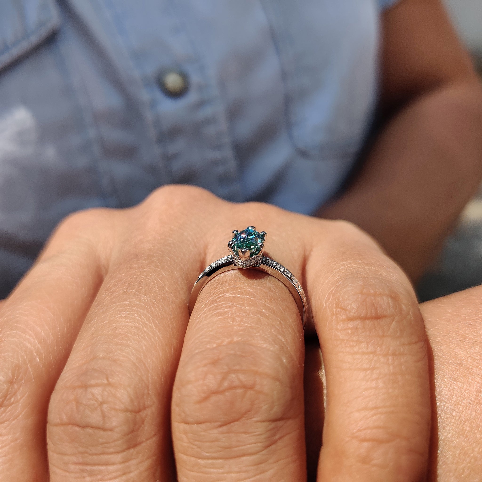 Cyan Blue Marquise Moissanite Ring With Pave Band