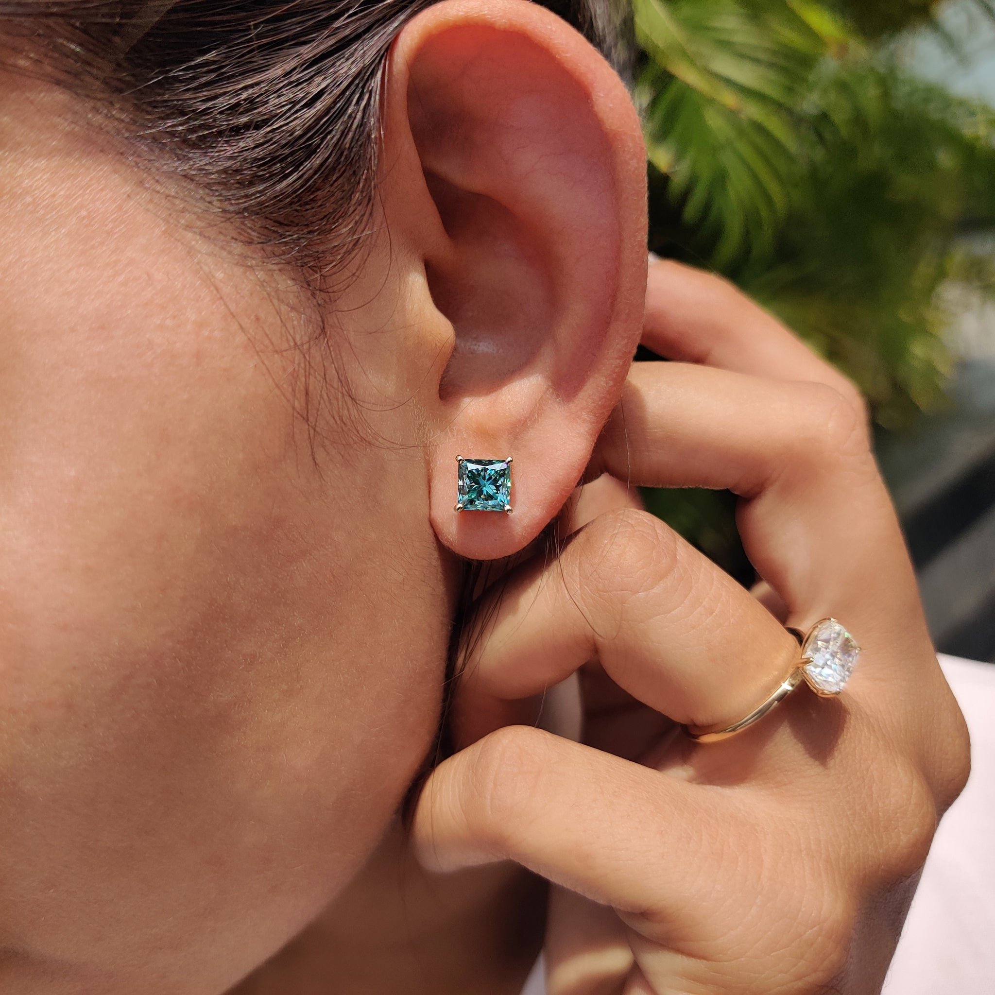 Cyan Blue Princess Cut Moissanite Earrings Secondary image