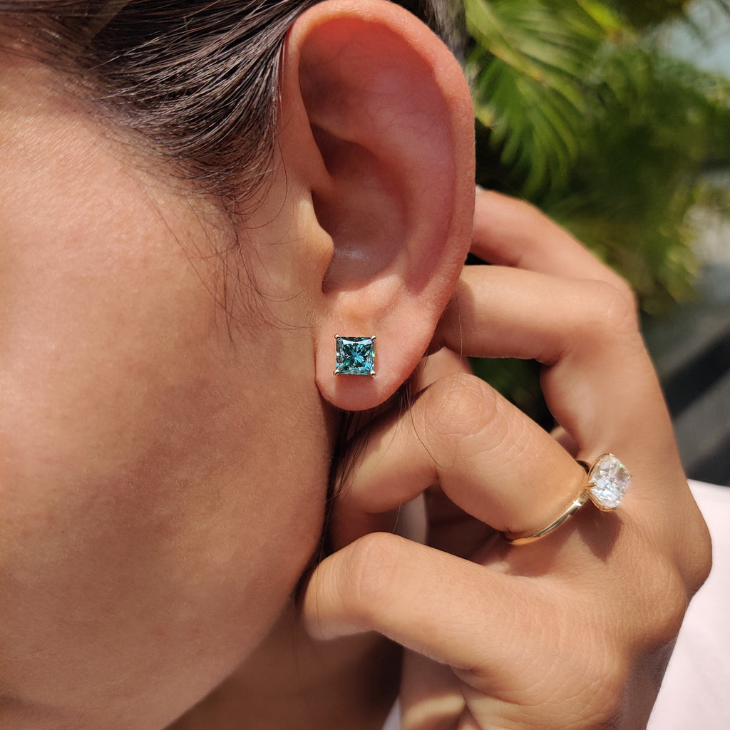Cyan Blue Princess Cut Moissanite Earrings