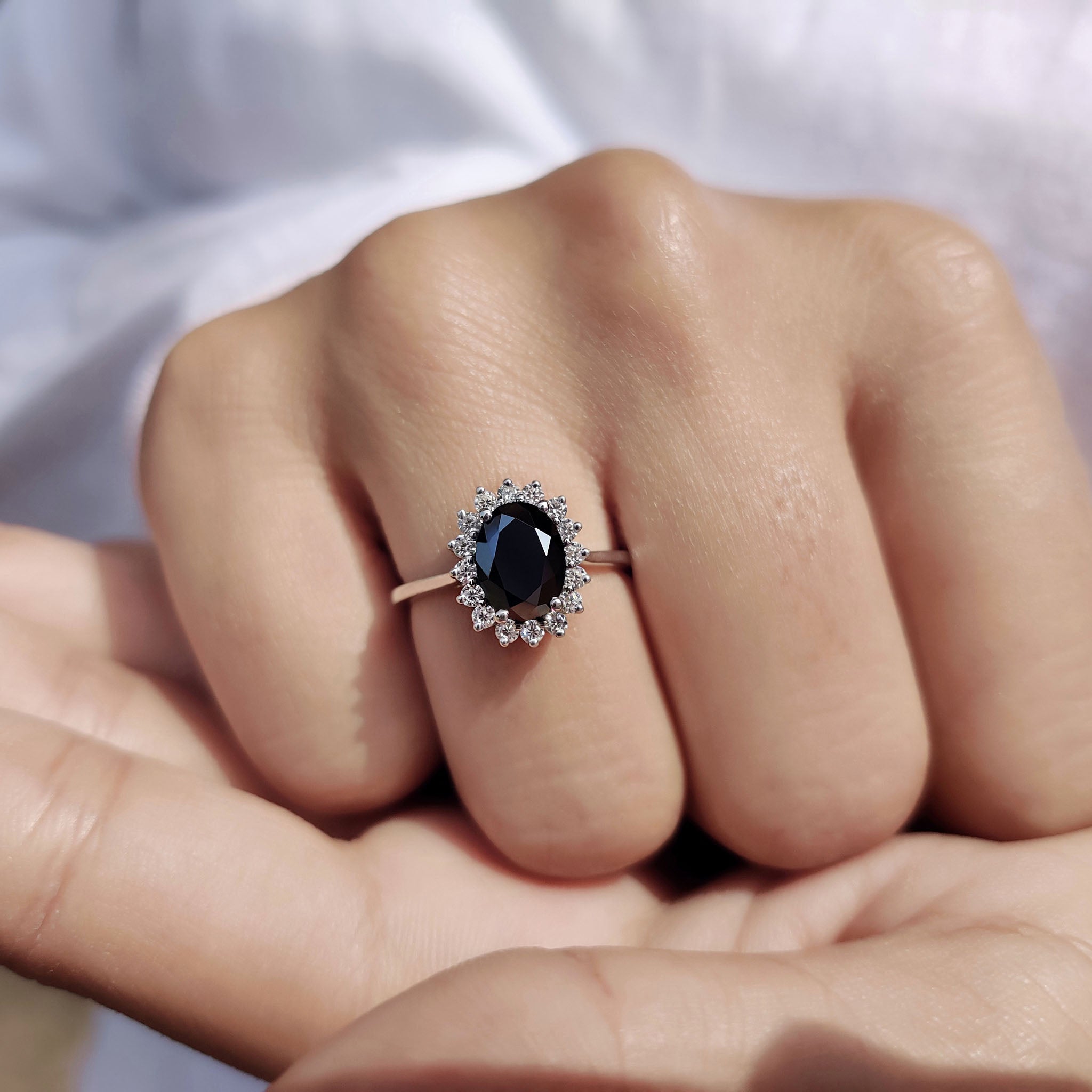 Tapered Shank Black Oval Engagement Ring
