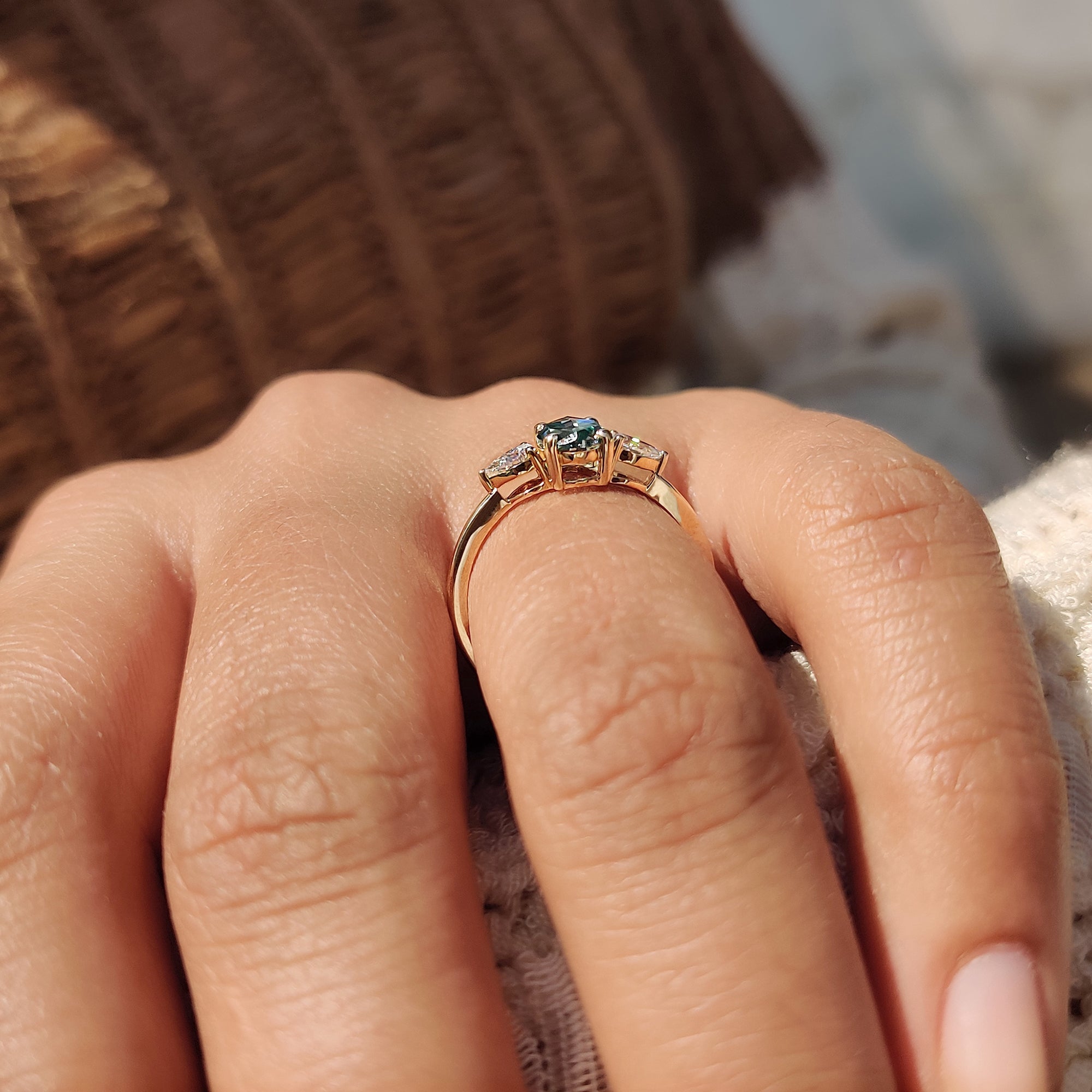 Cyan Blue Oval Rose Cut Ring with 2 Pear Side Stone