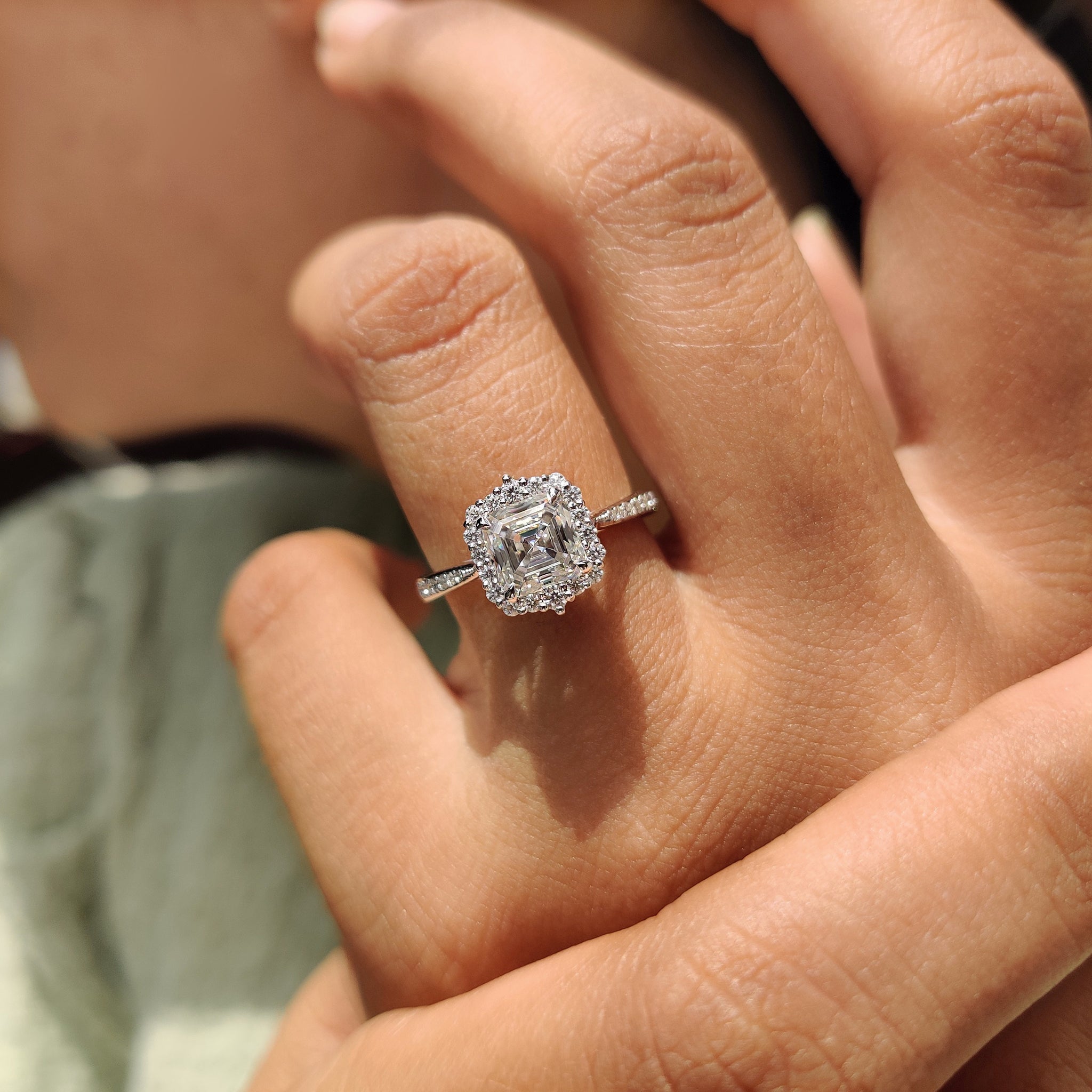 Asscher Cut Moissanite Ring In Tapered Pave Band