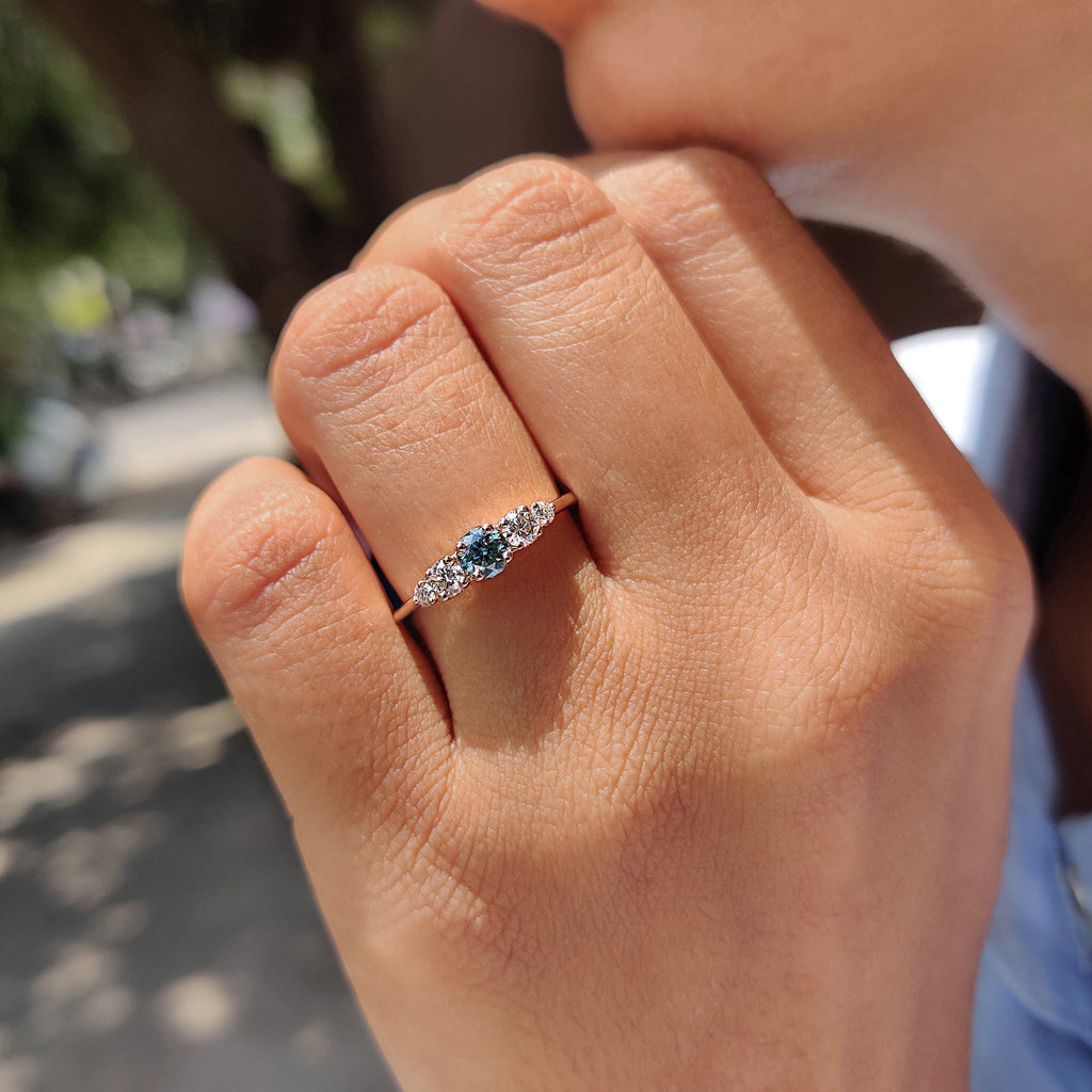 Cyan Blue Round Cut 5 Stone Engagement Ring