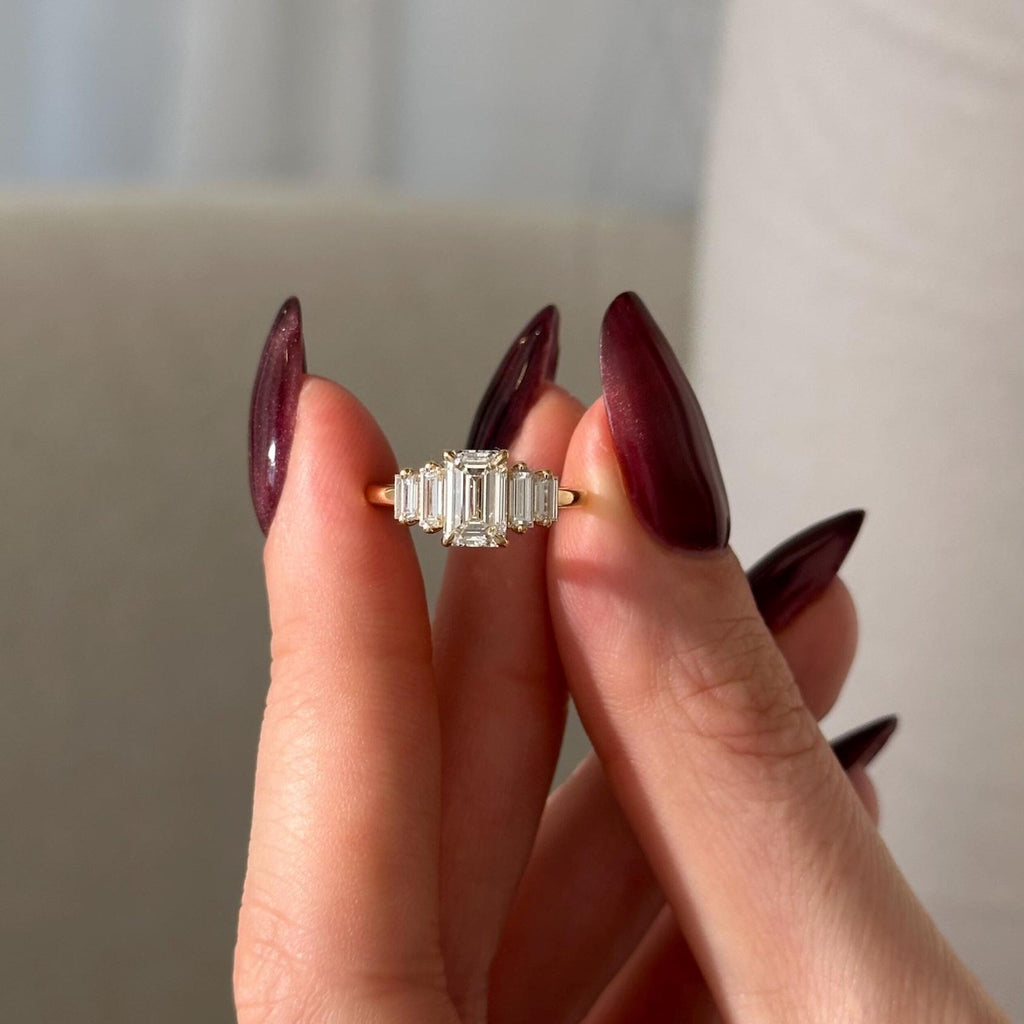 1.20 CT Emerald Cut Moissanite Five Stone Style Engagement Ring