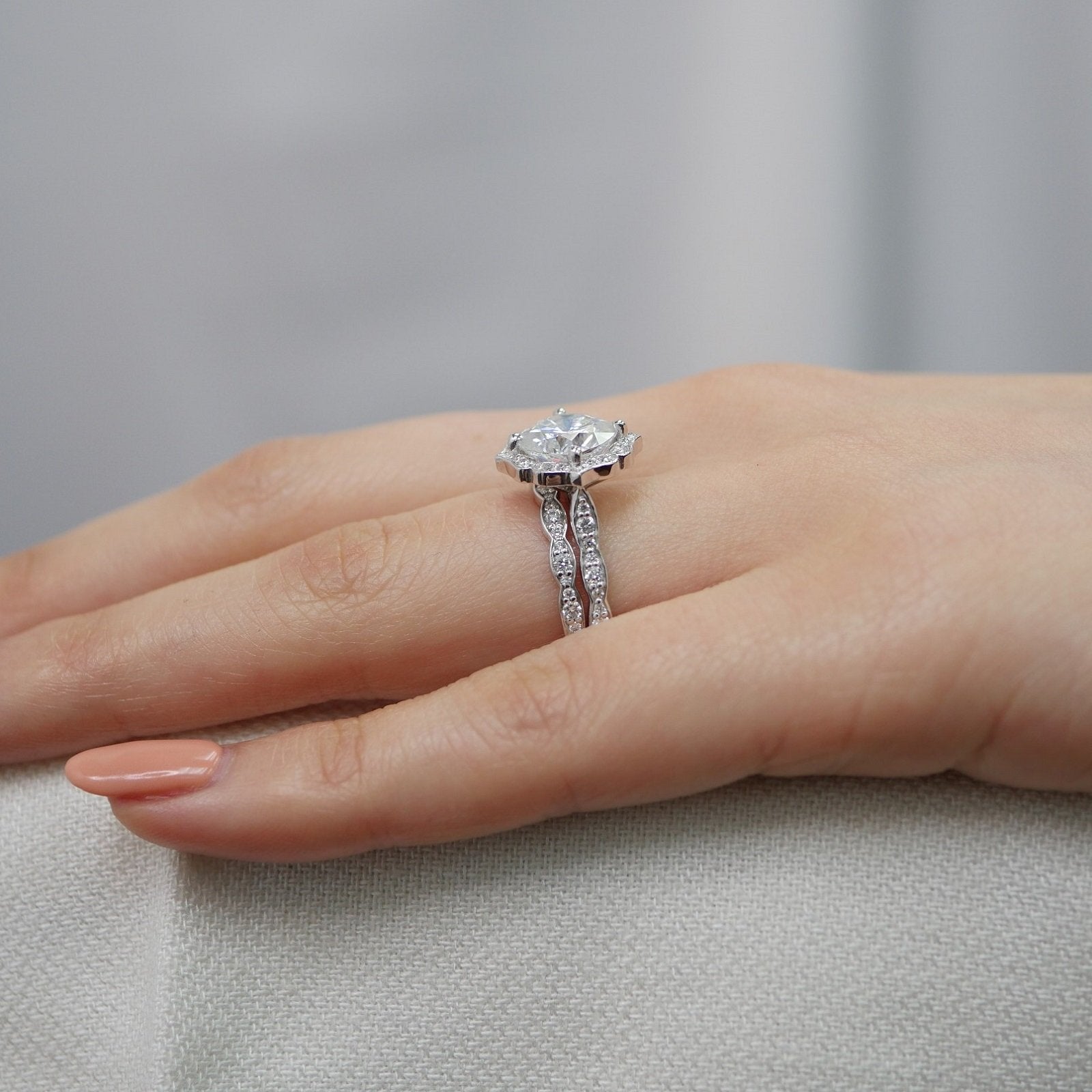2.30 CT Cushion Moissanite Vintage Halo Bridal Ring Set