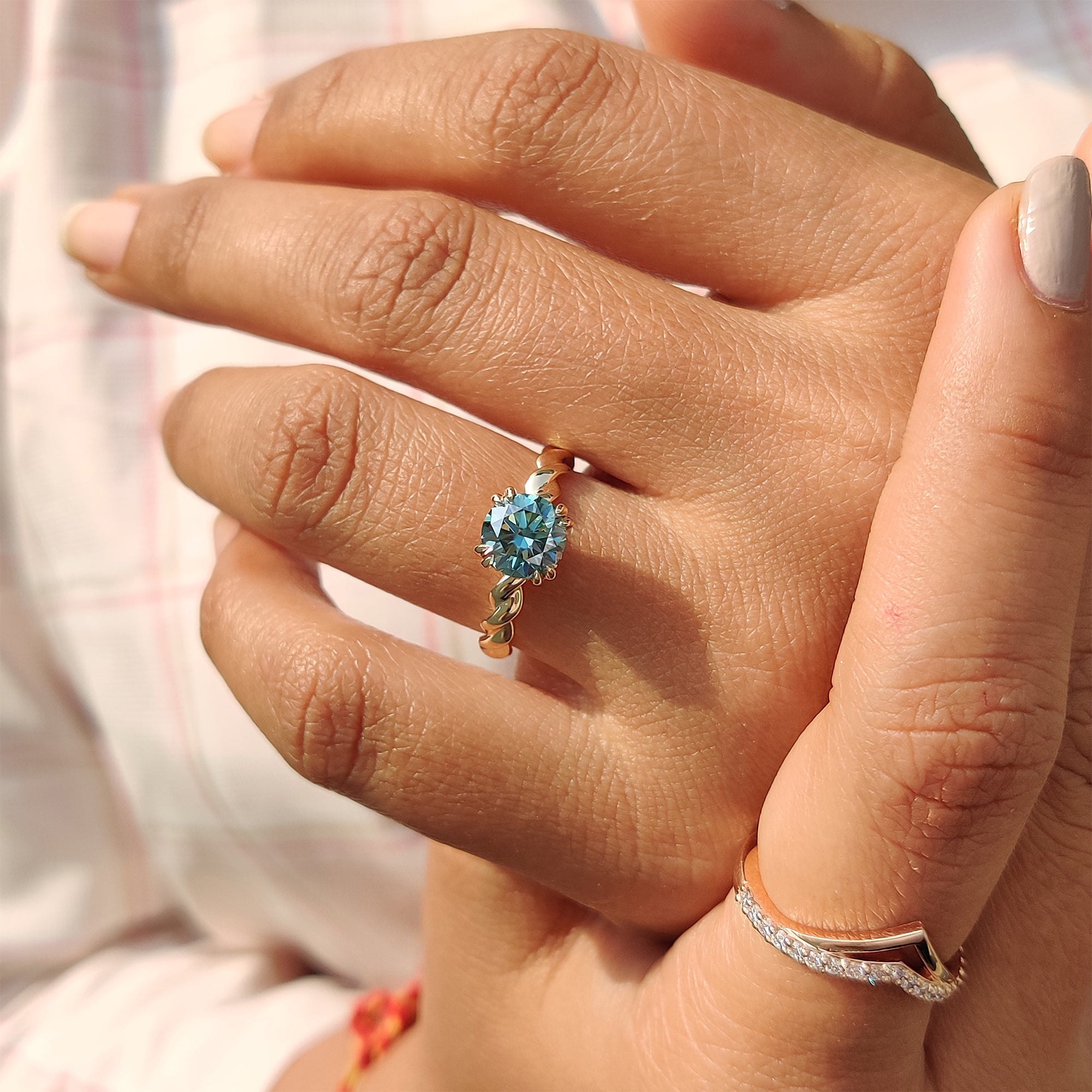 Cyan Blue Round Cut Hidden Halo Ring With Twisted Rope Band Secondary image