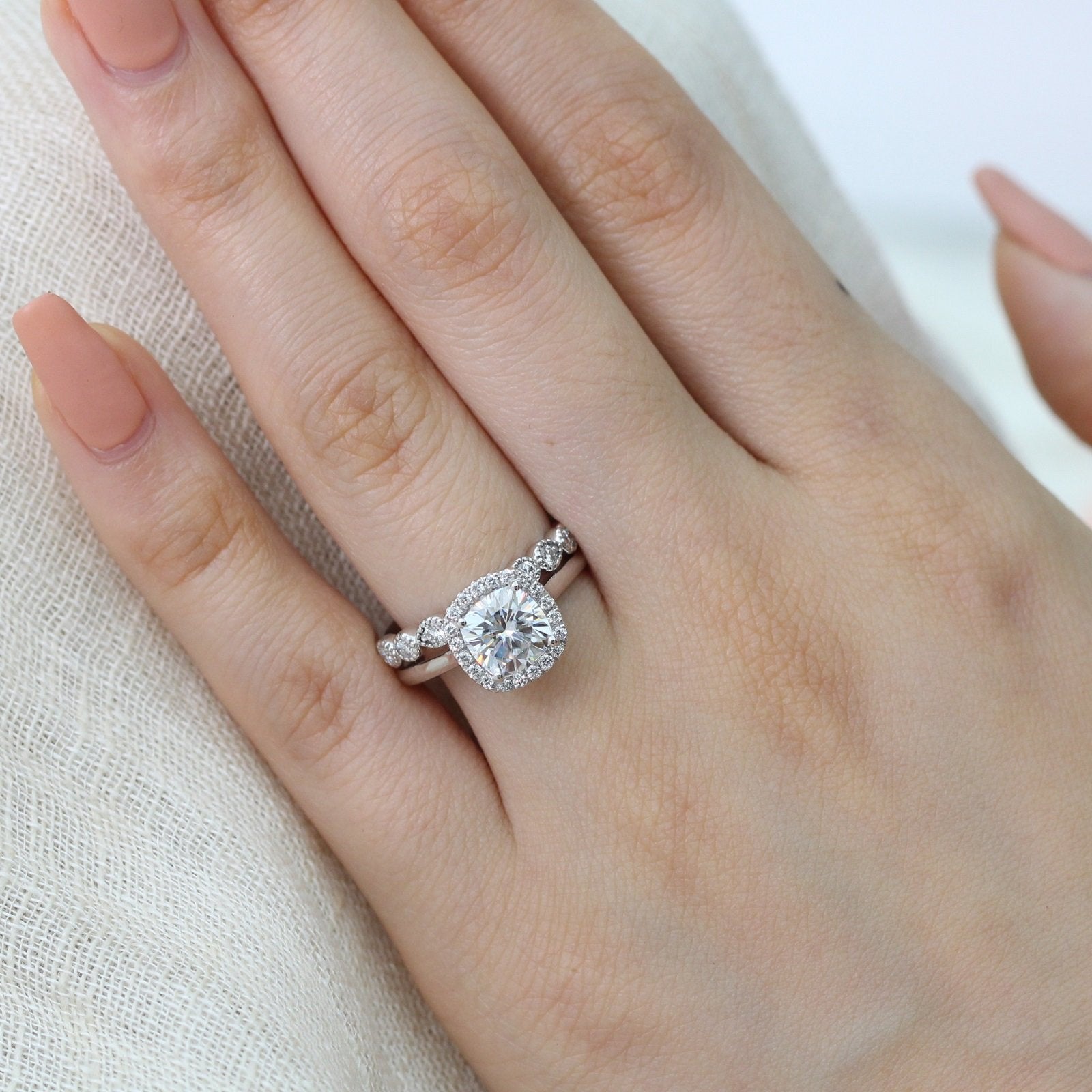 2.30CT Cushion Cut Moissanite Halo Bridal Ring Set