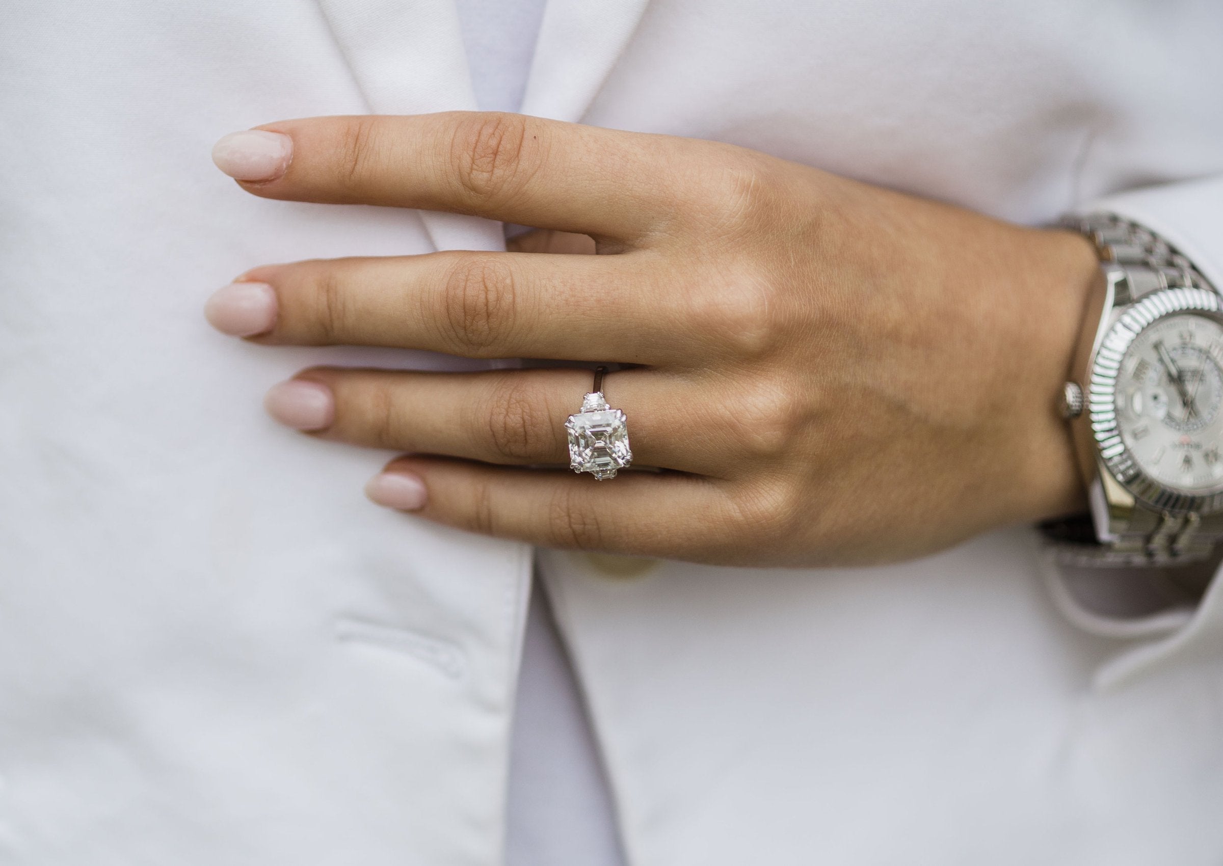 4.10 CT Asscher Cut Moissanite Three Stones Engagement Ring