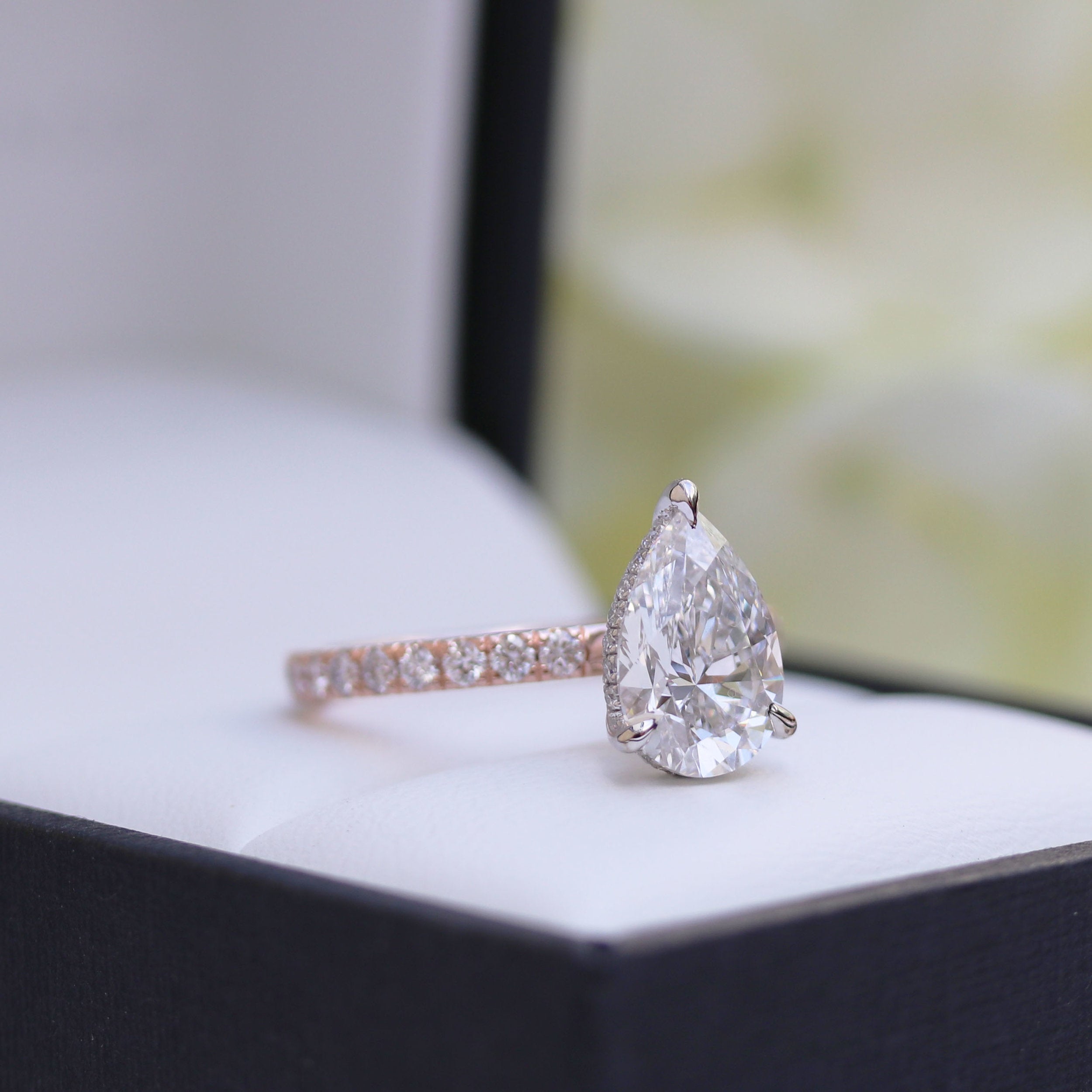 2.25 CT Pear Moissanite Hidden Halo Pave Setting Engagement Ring
