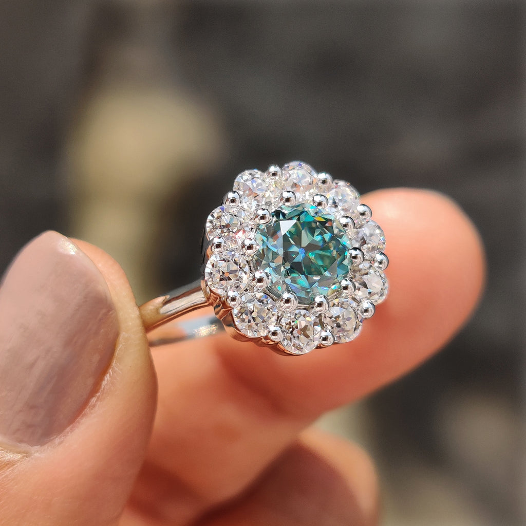 Cluster Engagement Ring With Round OEC Cut Moissanite