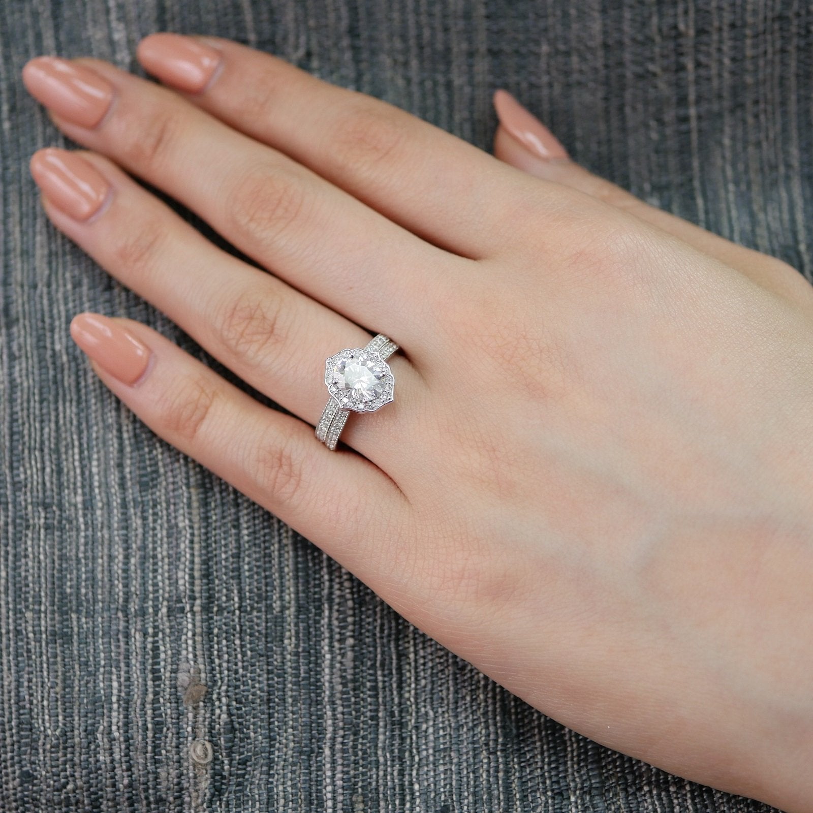 1.50CT Oval Cut Moissanite Halo Bridal Ring Set