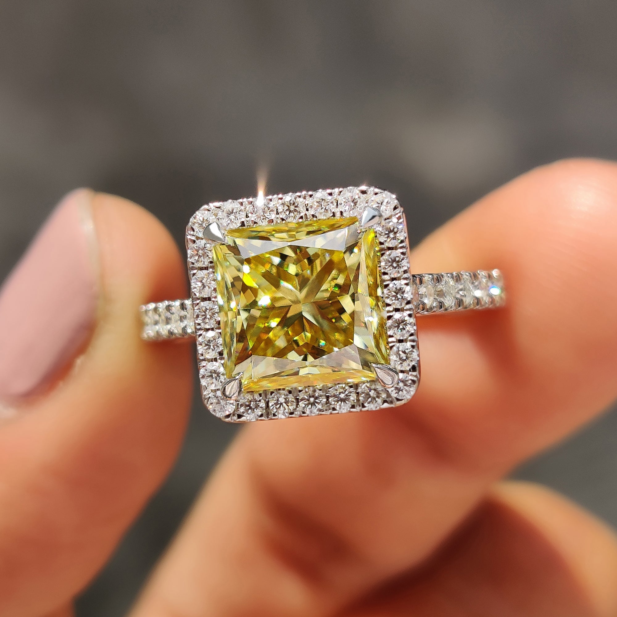 Princess Cut Moissanite Ring In Hidden Halo Style