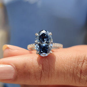 Royal Dark Blue Oval Hidden Halo Engagement Ring