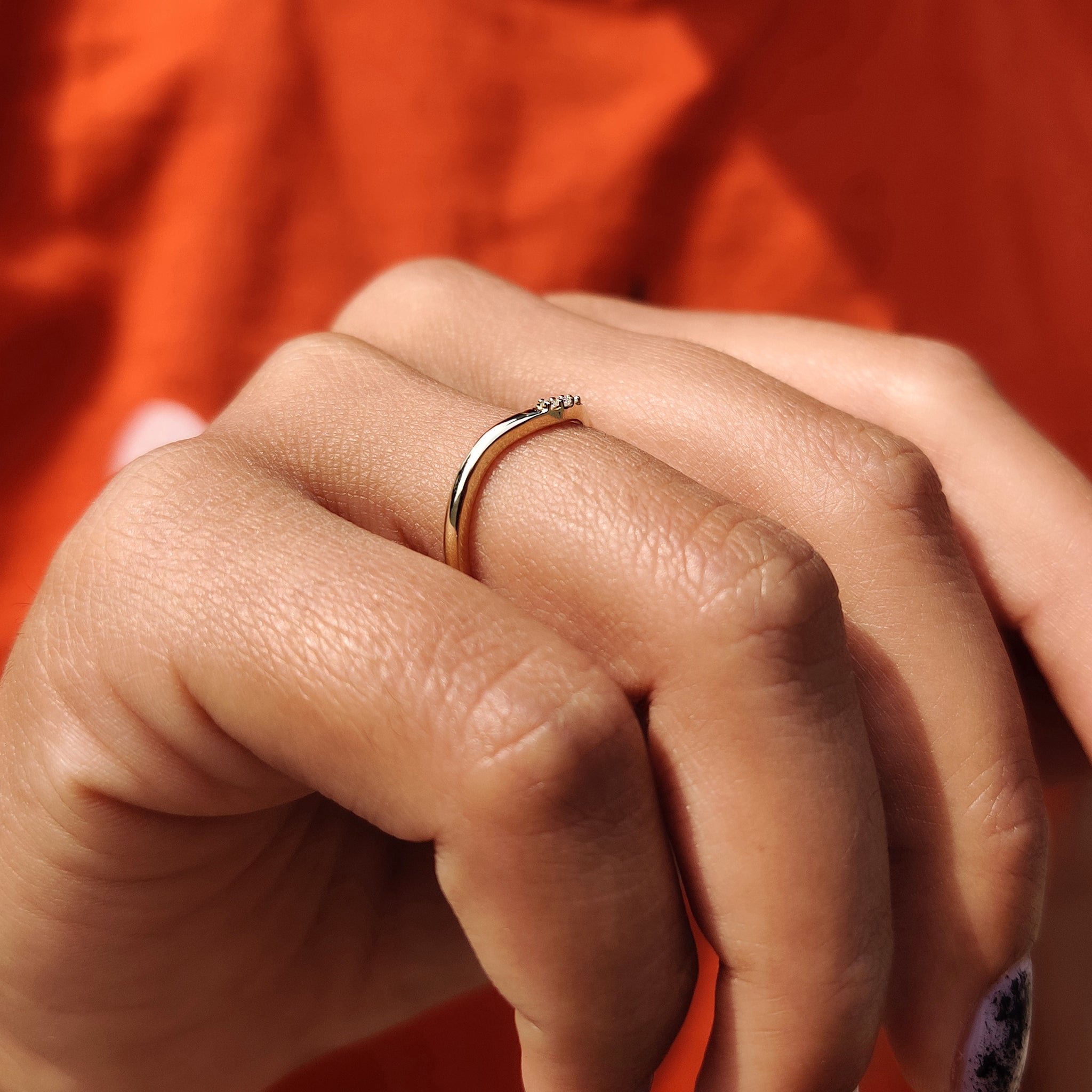 Round Cut Yellow Gold Curved Wedding Band