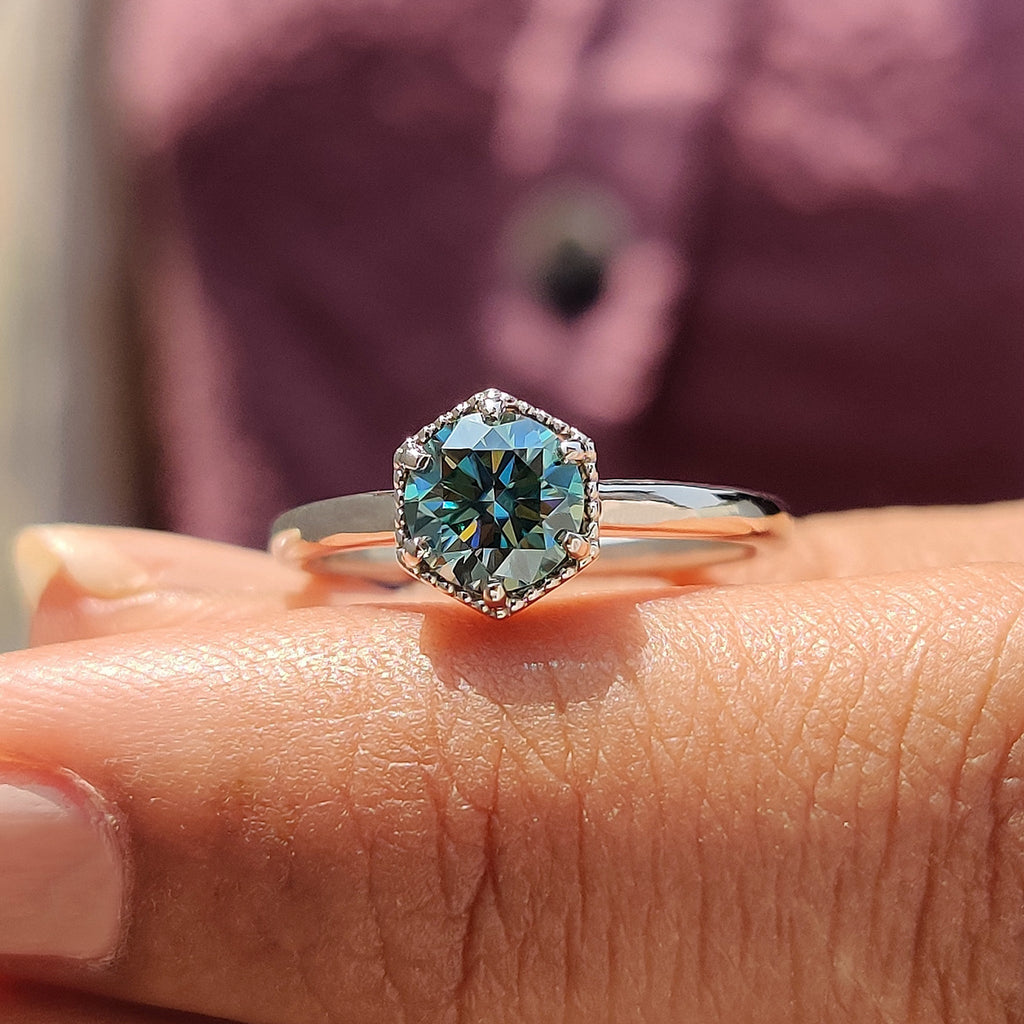 Solitaire Round Engagement Ring In Hexagon Framed