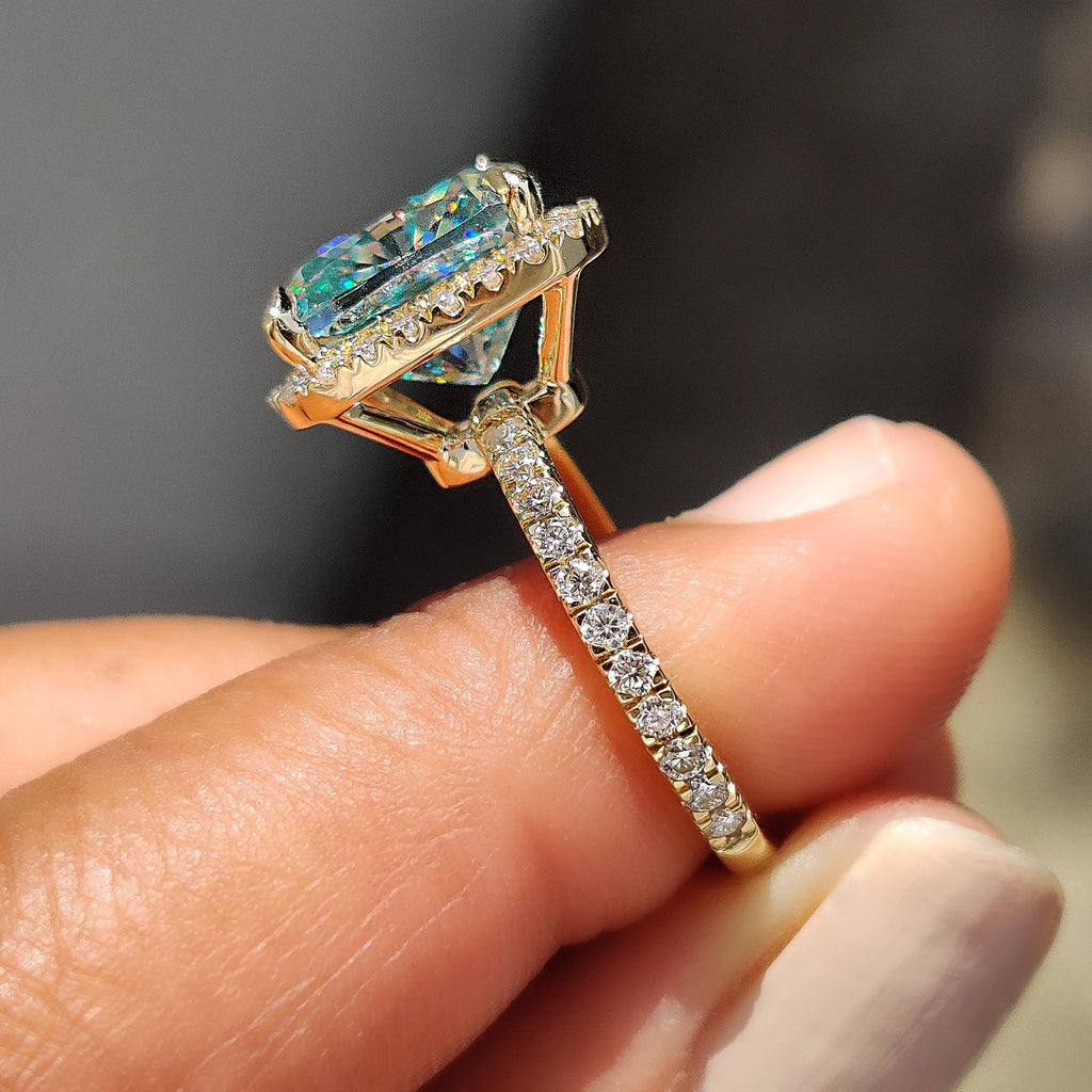 Cyan Blue Cushion Ring With Halo Setting