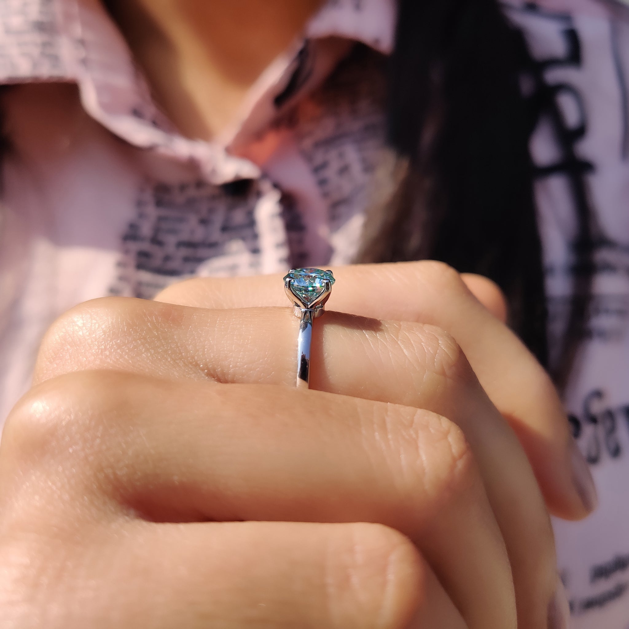 Moissanite Solitaire Ring In Cyan Blue Stone