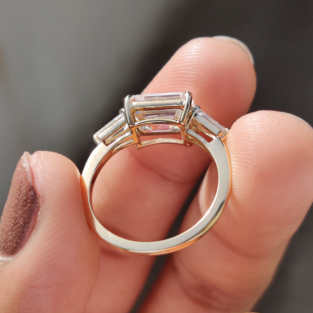 Three Stone Emerald Cut Moissanite Ring