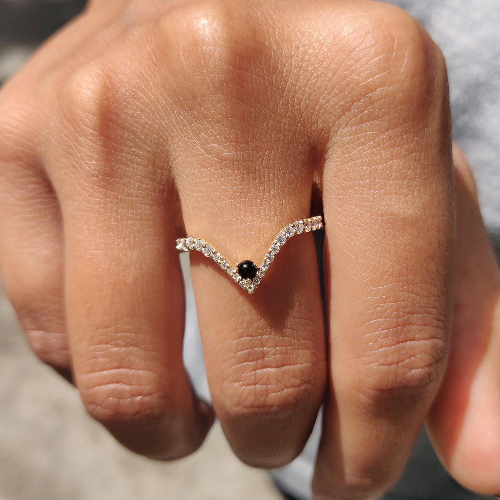 V Shaped Wedding Band With Black Stone