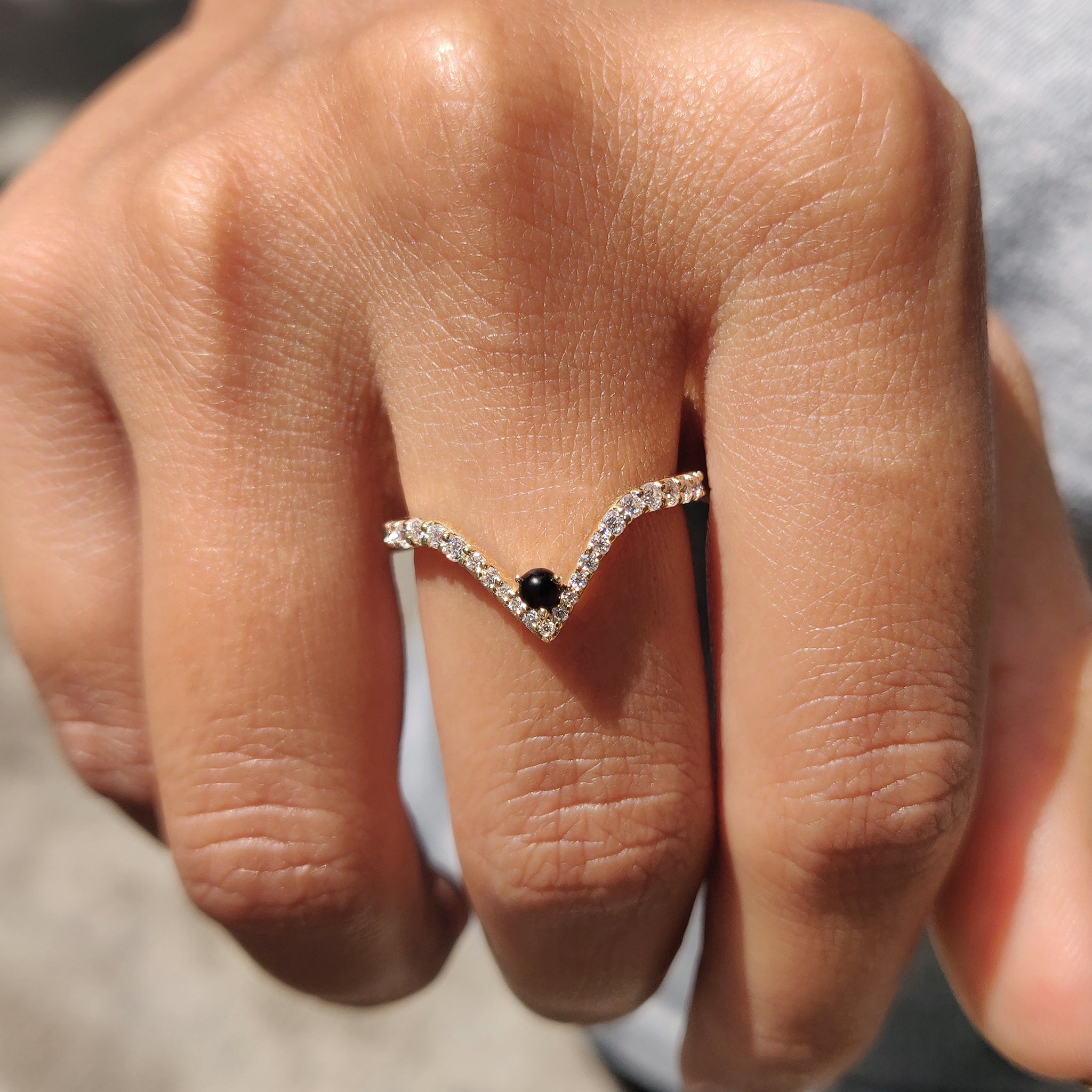 V Shaped Wedding Band With Black Stone