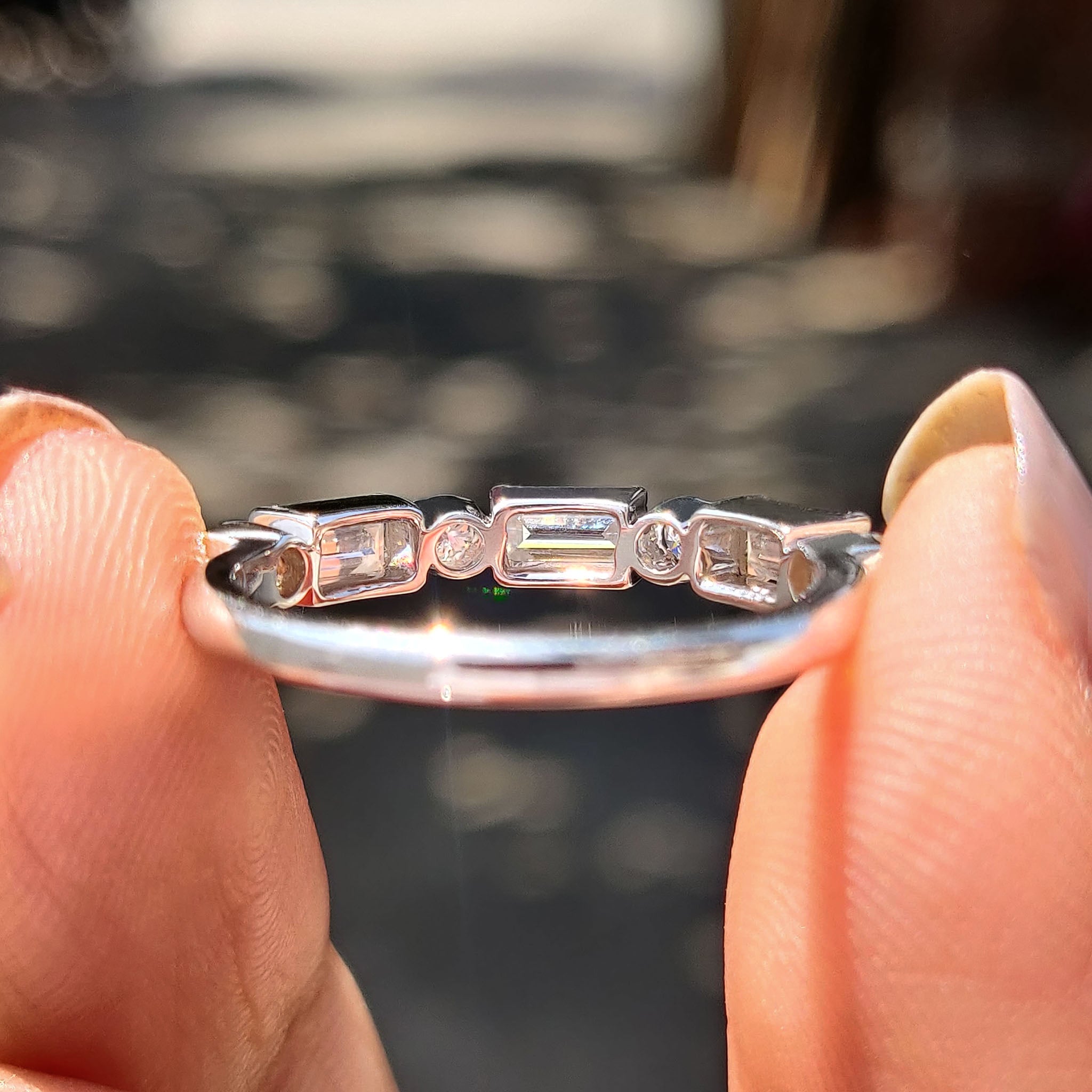 Baguette And Round Cut Wedding Ring Featuring Milgrain Setting
