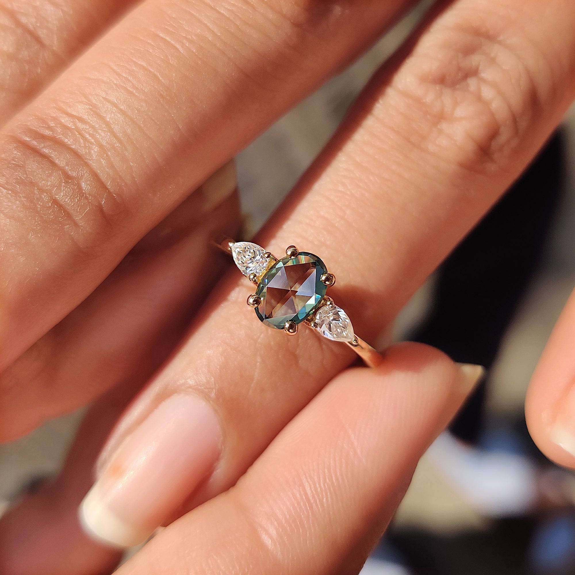 Cyan Blue Oval Rose Cut Ring with 2 Pear Side Stone