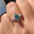 Cyan Blue Marquise Moissanite Ring With Pave Band