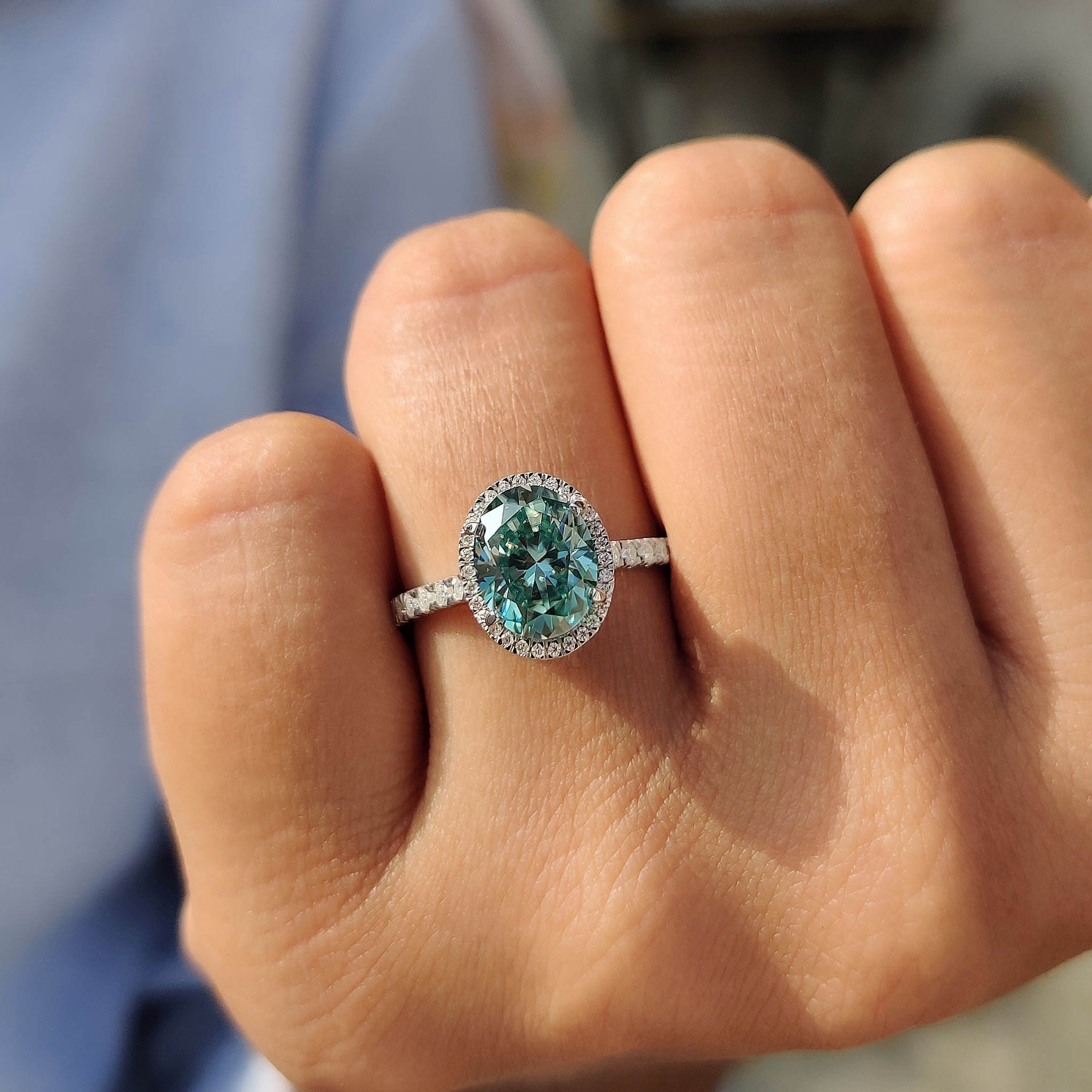 Oval Halo Engagement Ring With Cyan Blue Stone Secondary image