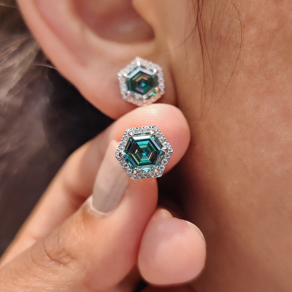 Cyan Blue Hexagon Step Cut Earrings In Halo Style