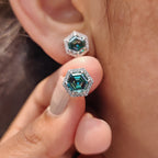 Cyan Blue Hexagon Step Cut Earrings In Halo Style