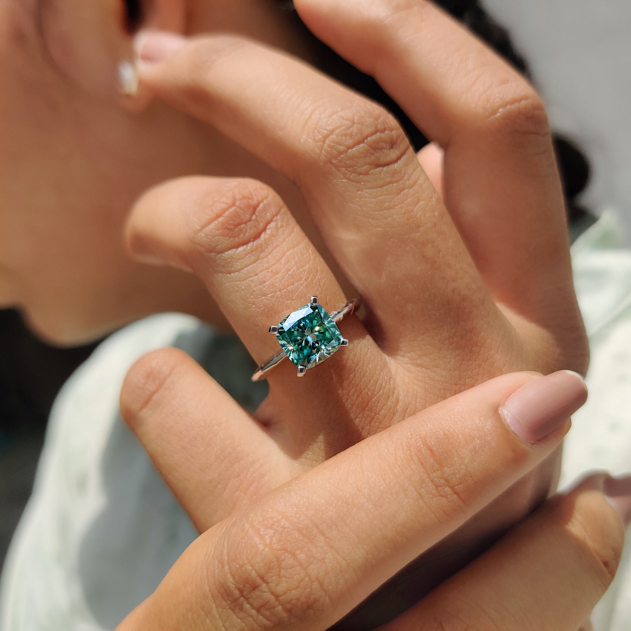 Cyan Blue Cushion Cut Gold Solitaire Engagement Ring