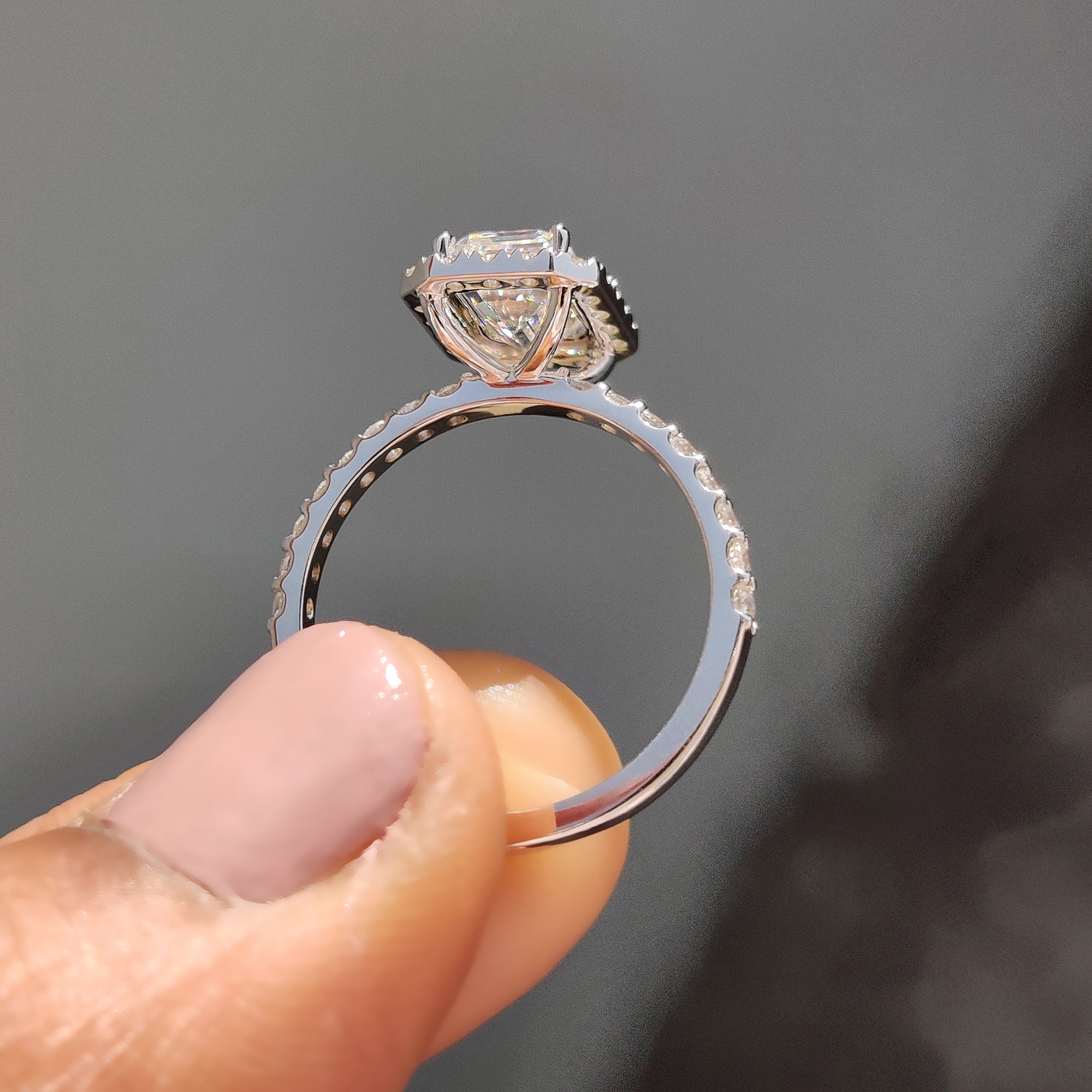 Emerald cut halo ring In Round Cut Pave Band