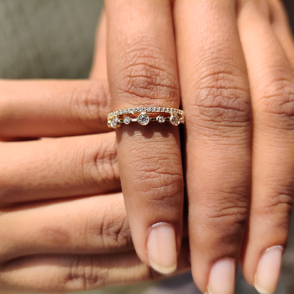 Double Row Wedding Band With Round Cut Bezel Set
