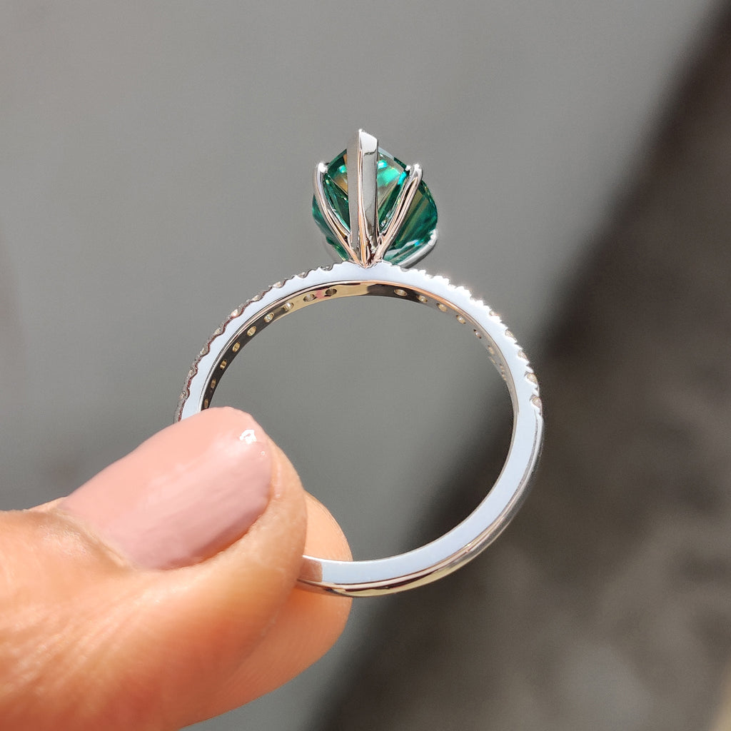 Green Moissanite Pear Ring With Pave Band