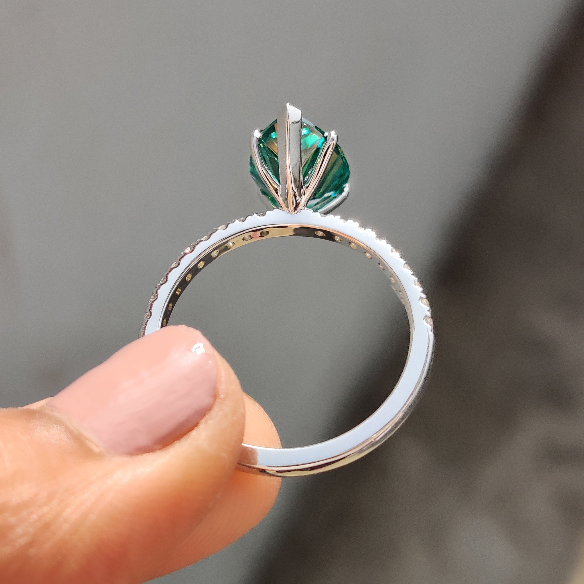 Green Moissanite Pear Ring With Pave Band