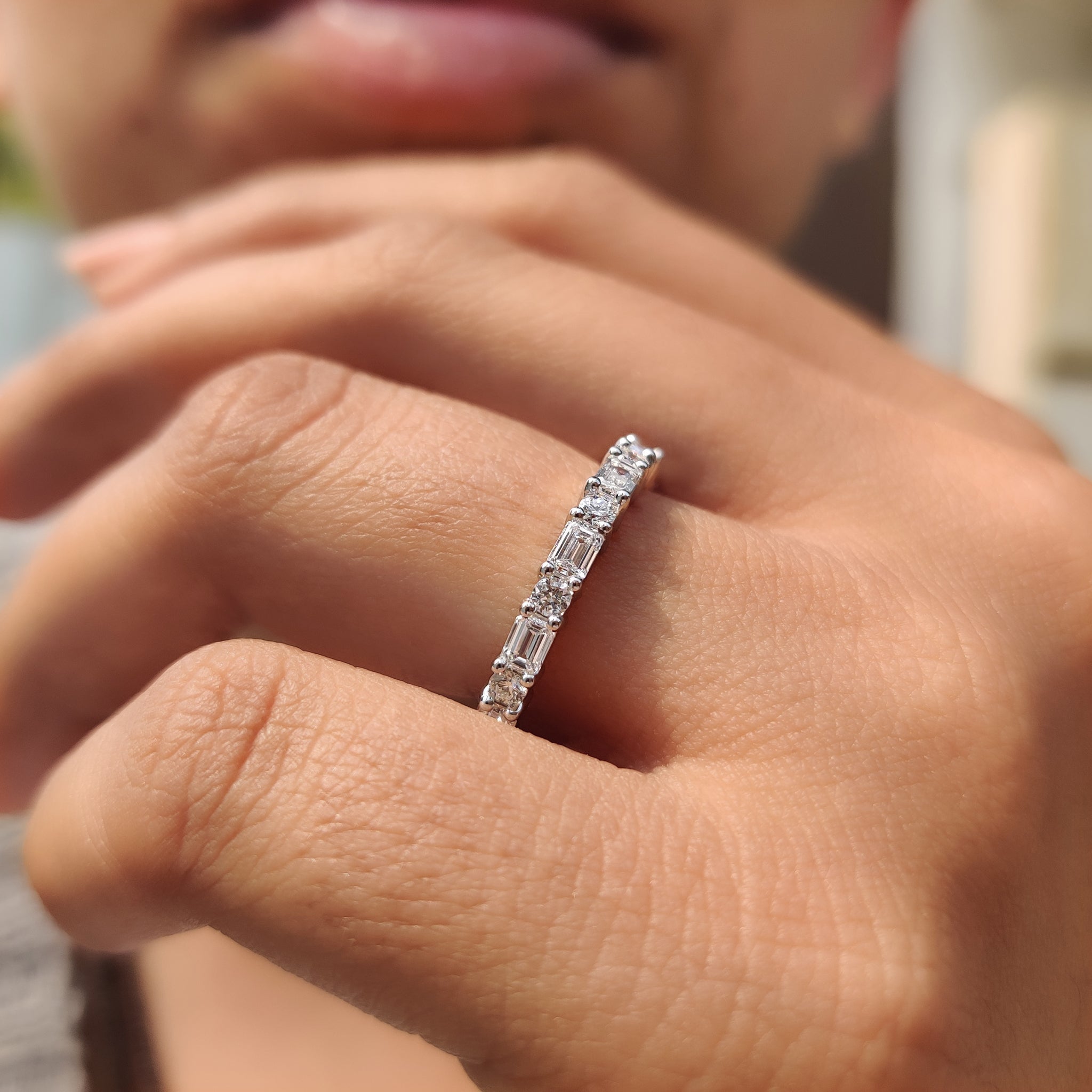 Diamond Eternity Band White Gold With Emerald and Round Cut