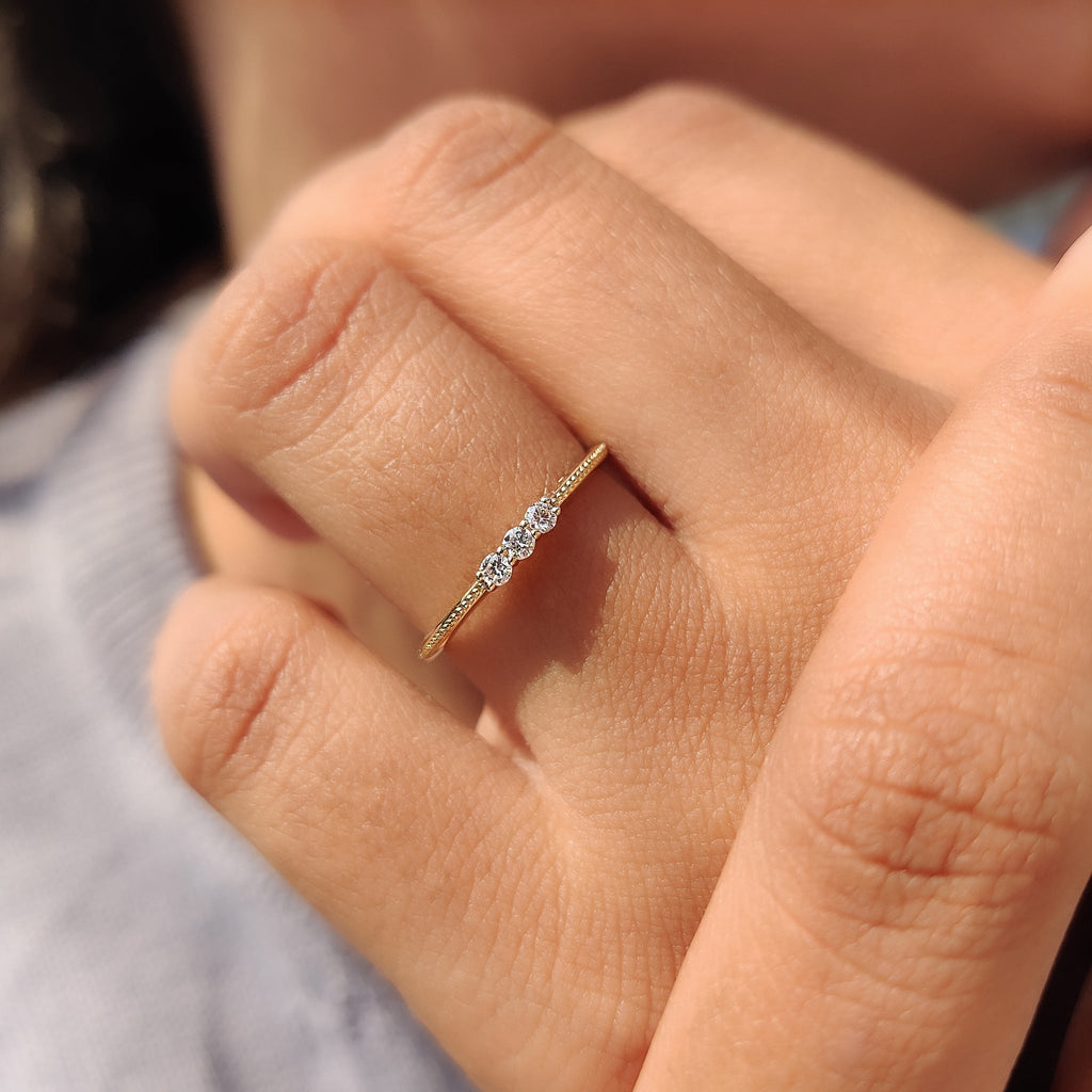 3 Stone Round Cut Diamond Milgrain Wedding Band