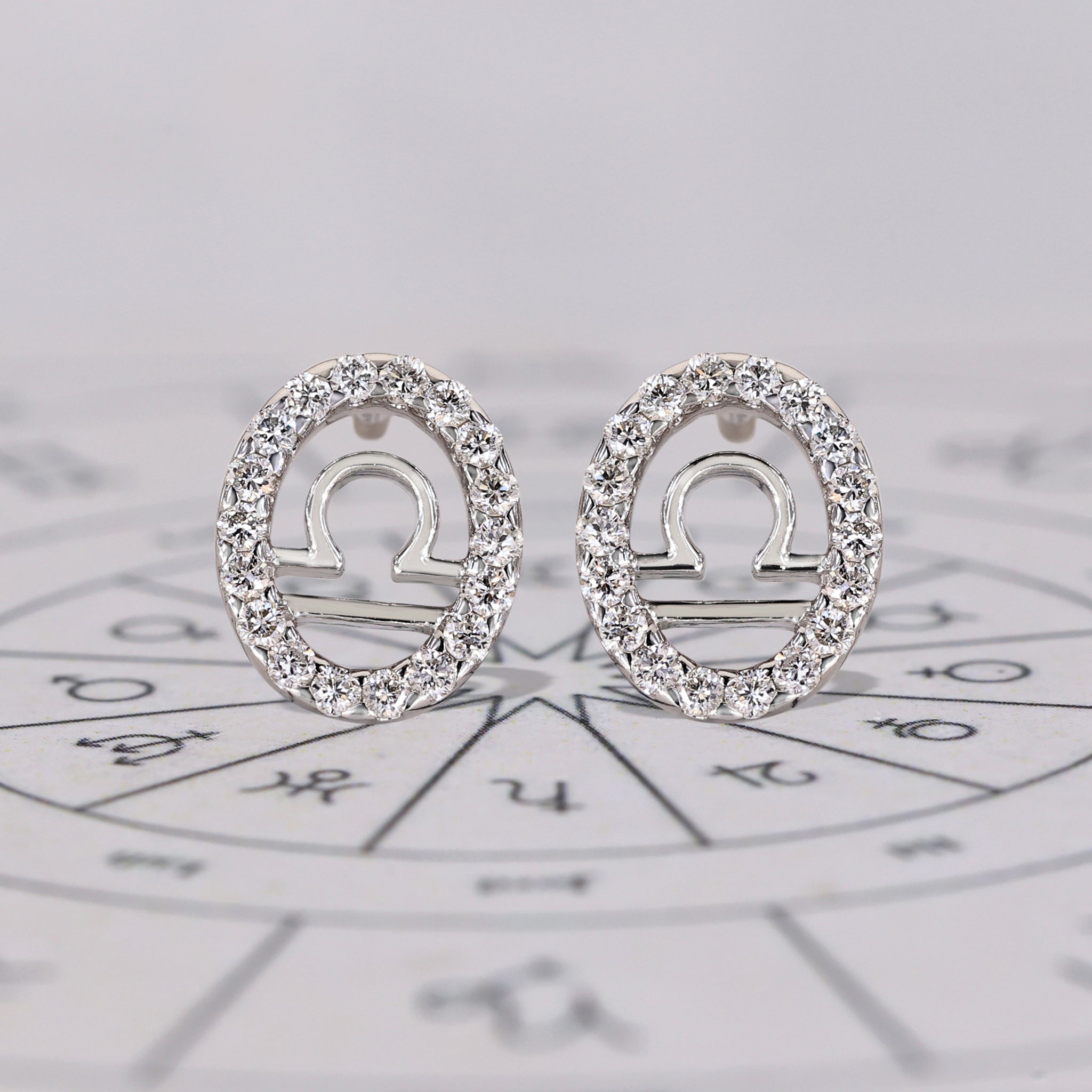 Libra Earrings with Round Diamond Halo Zodiac Style