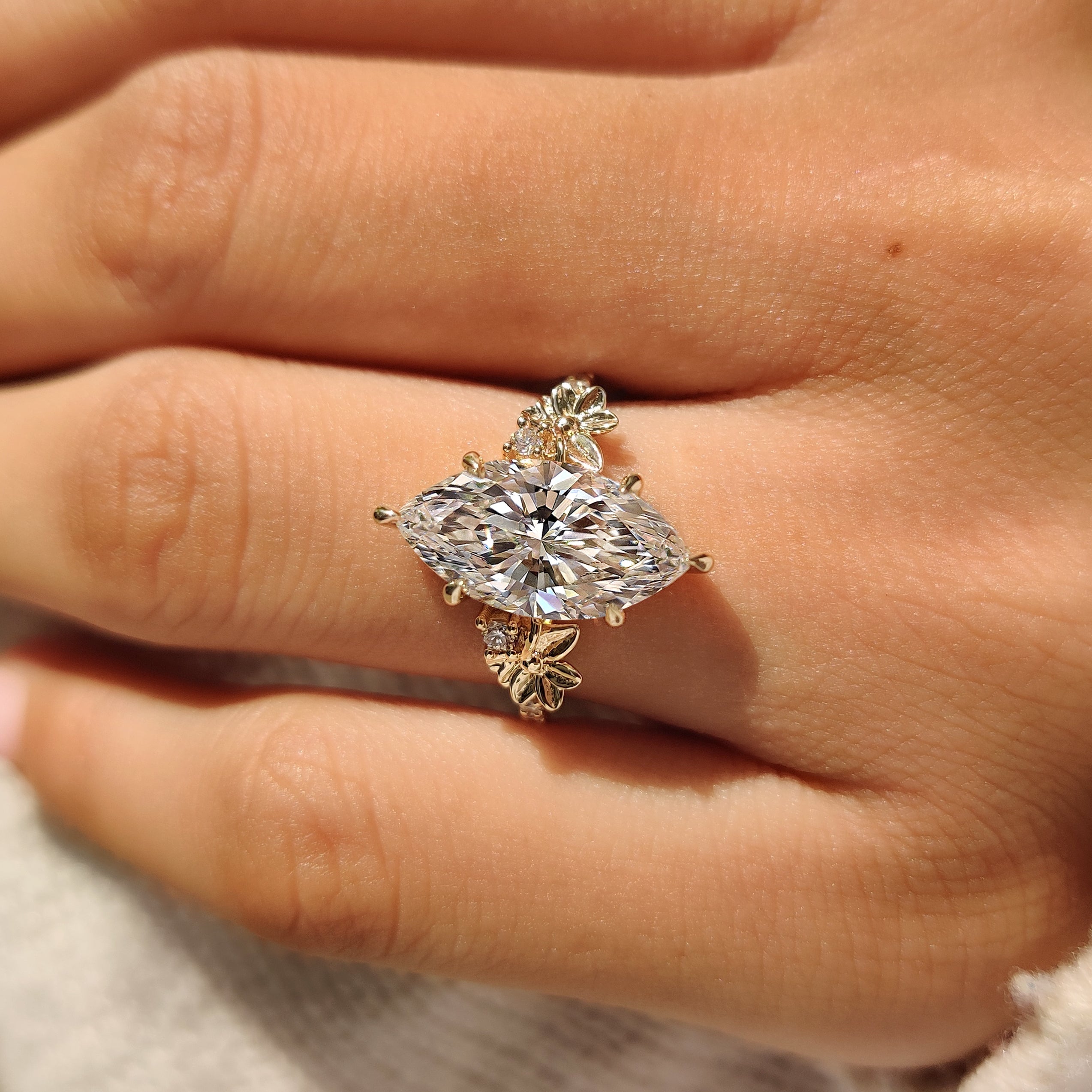 Nature Inspired Marquise Diamond Ring in Flower Detailing