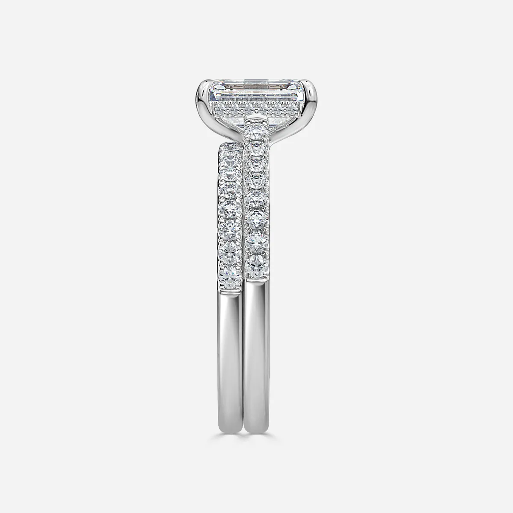 1.0 CT Emerald Cut Moissanite Hidden Halo & Pave Bridal Ring Set