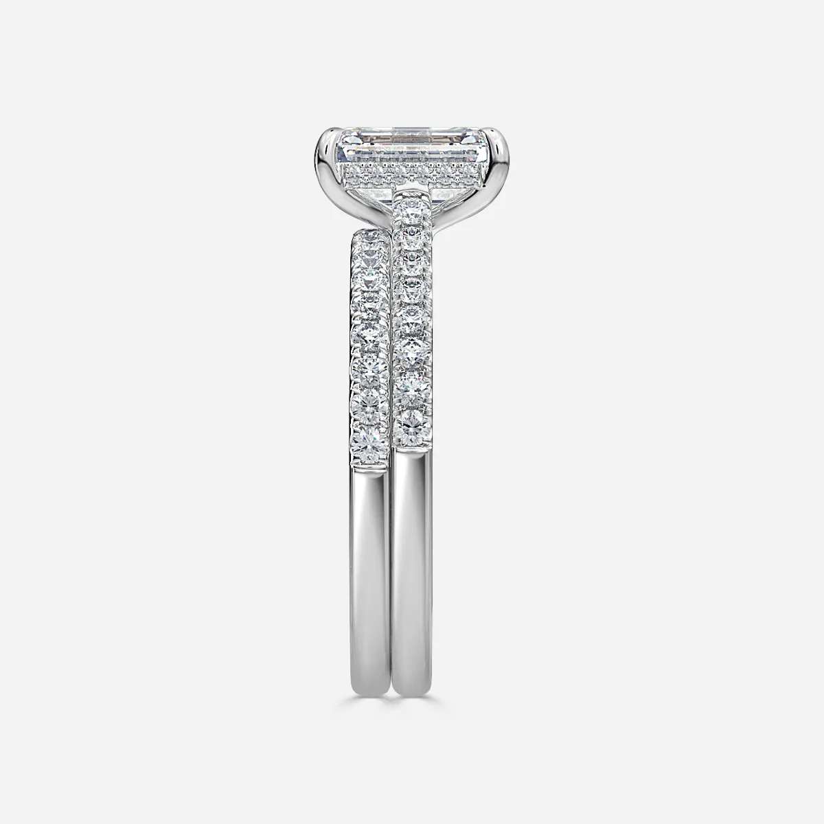 1.0 CT Emerald Cut Moissanite Hidden Halo & Pave Bridal Ring Set
