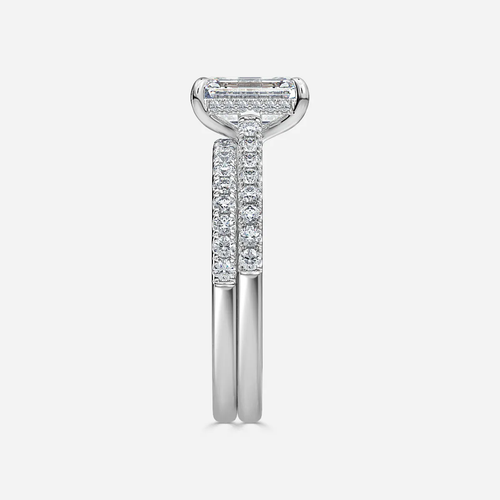 1.0 CT Emerald Cut Moissanite Hidden Halo & Pave Bridal Ring Set