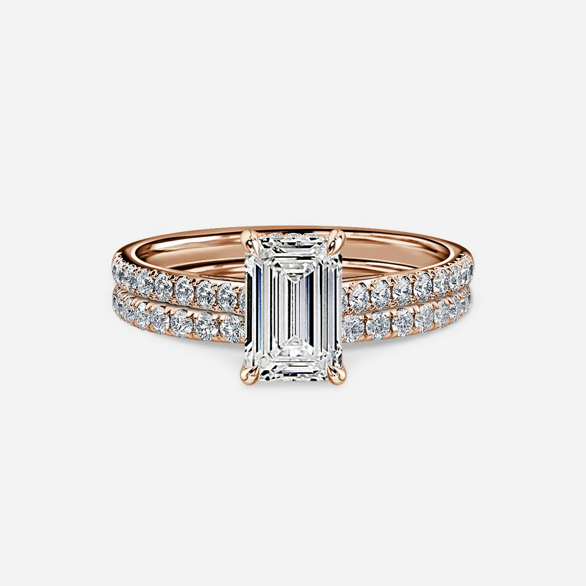 1.0 CT Emerald Cut Moissanite Hidden Halo & Pave Bridal Ring Set