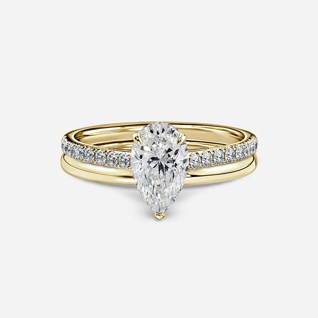 1.0 CT Pear Cut Moissanite Hidden Halo & Pave Bridal Ring Set