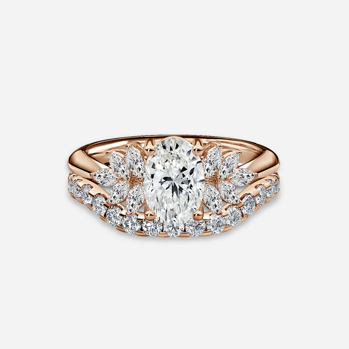 1.0 CT Oval Cut Moissanite Cluster Bridal Ring Set